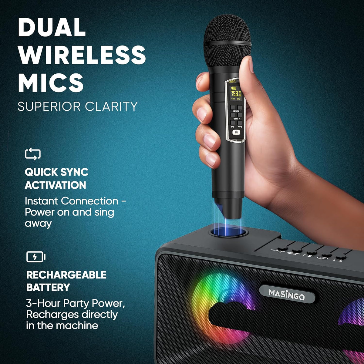 MASINGO Karaoke Machine for Adults and Kids with 2 Wireless Microphones, Portable Bluetooth Singing