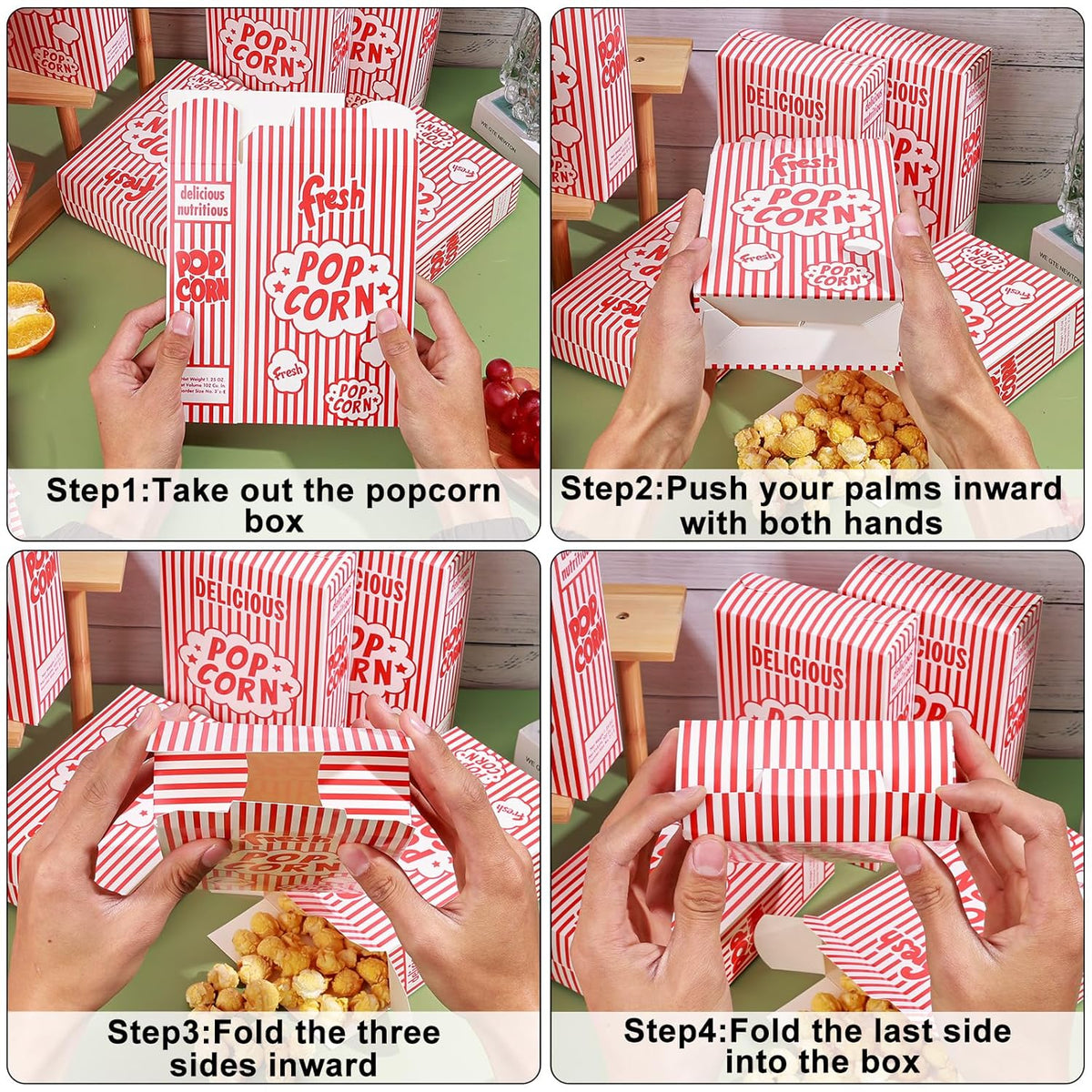 Dualshine 200 Pack Popcorn Boxes,1.25 oz Paper Popcorn Containers,Red and White Striped Close-Top