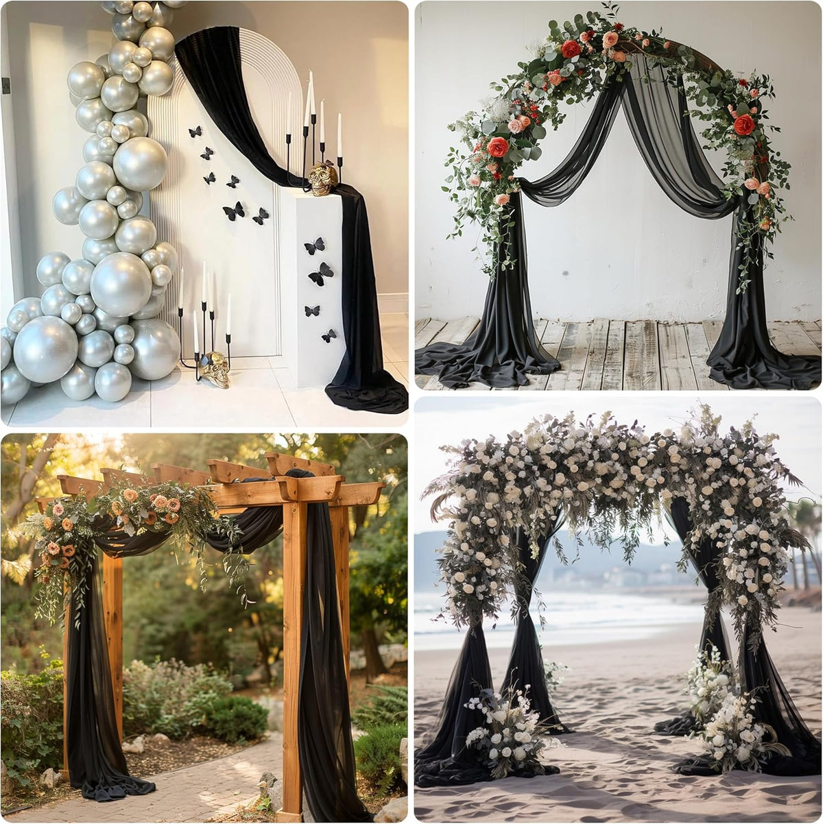Wedding Arch Draping Fabric 3 Panels 28.7" x 20FT Black Sheer Chiffon Backdrop Drapes for Wedding