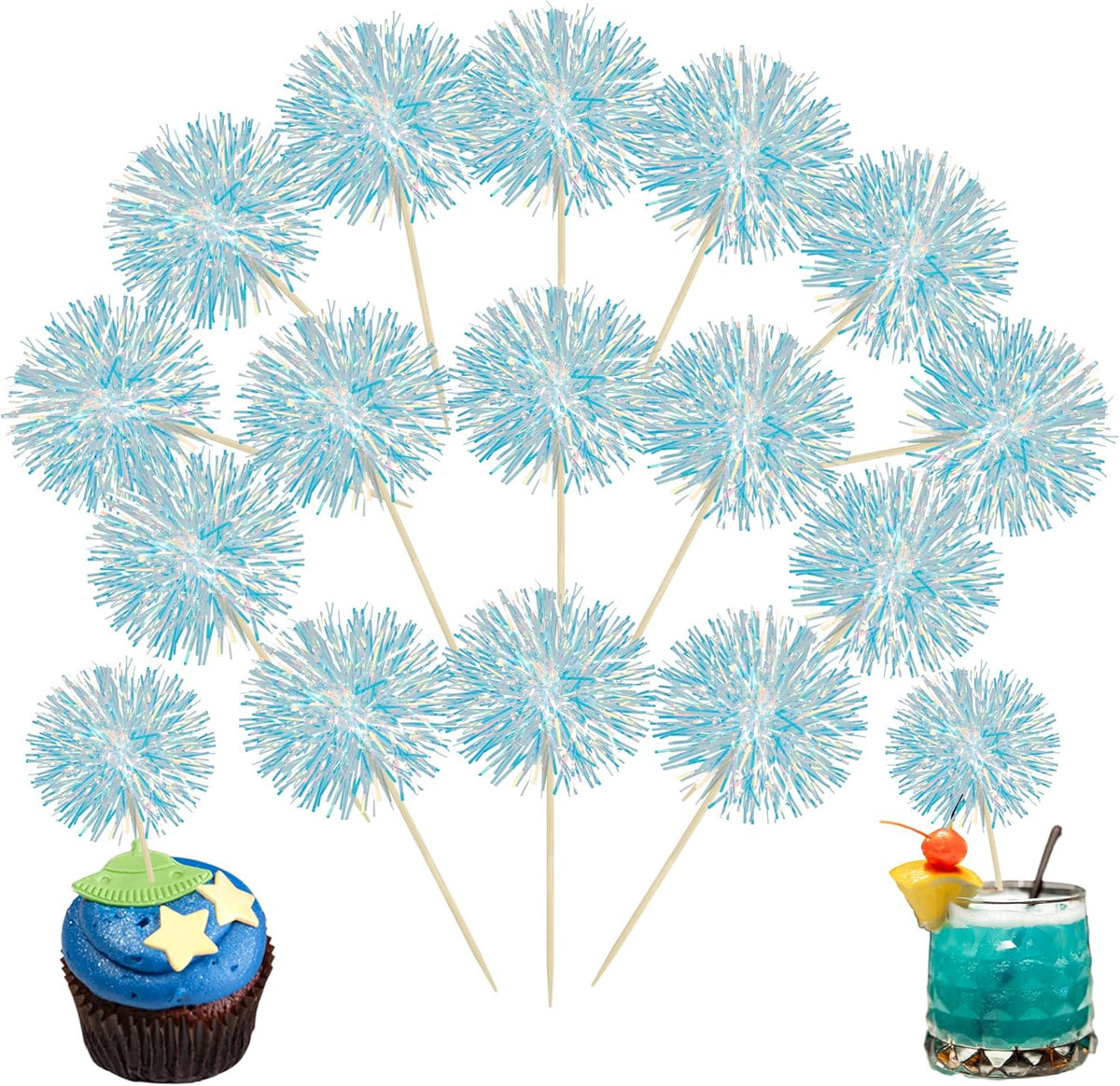 Ephlyn 30Pcs Foil Firework Cupcake Toppers Party Birthday Cake Toppers Supplies Sparkle Tinsel