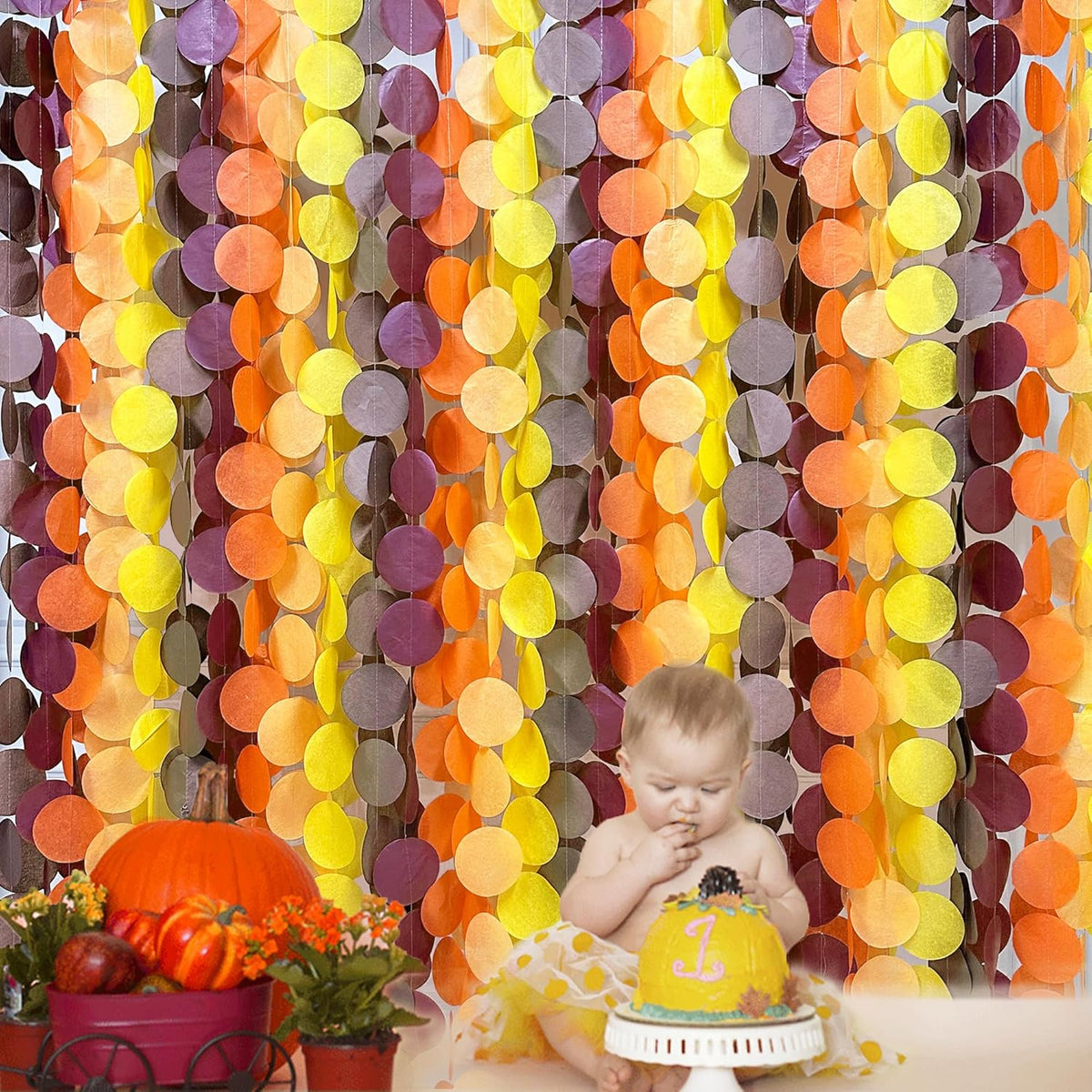 192Ft Fall Party Decorations Big Circle Dots Backdrop Garland Yellow Orange Burgundy Brown Tissue