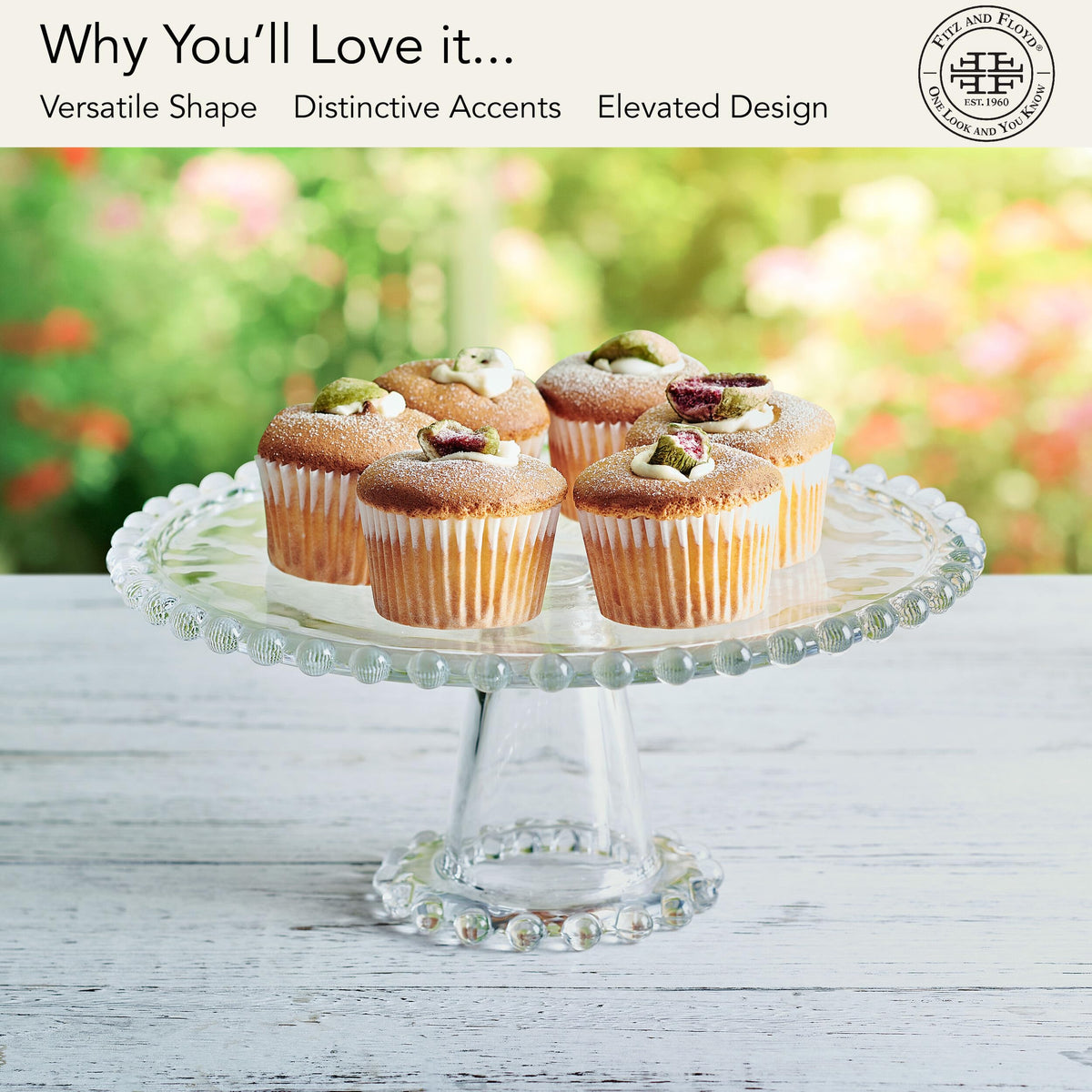 Fitz & Floyd Beaded Large Glass Cake Stand, 10.75 Inch Clear Glass Pedestal Cake Stand for