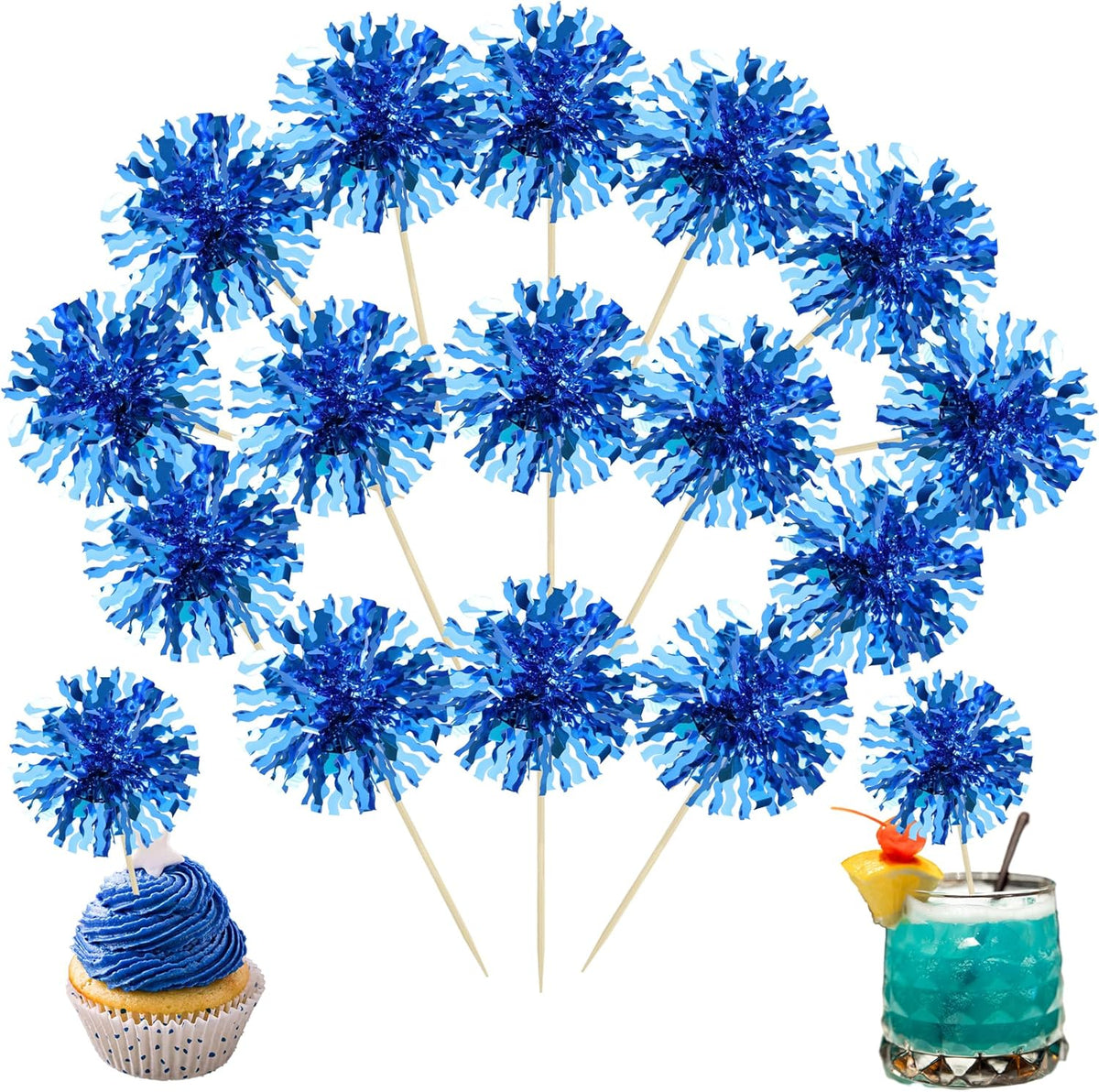 Ephlyn 30Pcs Foil Firework Cupcake Toppers Blue Tinsel Flower Drink Stirrers Cocktail Food Fruit