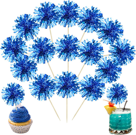 Ephlyn 30Pcs Foil Firework Cupcake Toppers Blue Tinsel Flower Drink Stirrers Cocktail Food Fruit