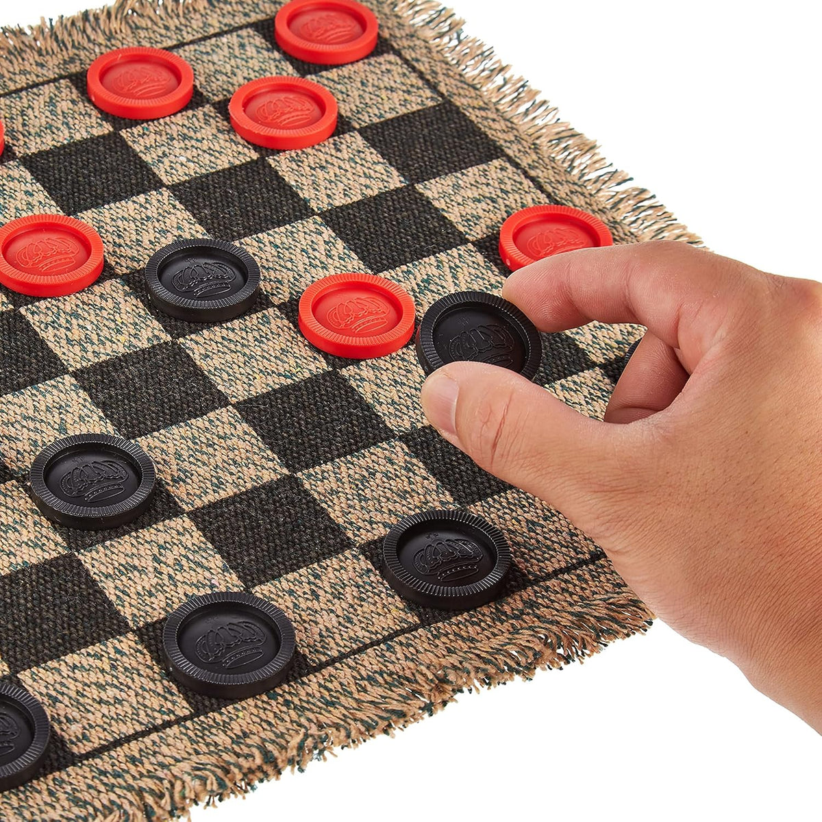 3-in-1 Mini Checkers Rug + Classic & Mega Tic Tac Toe - Portable Compact 12" x 12" Reversible