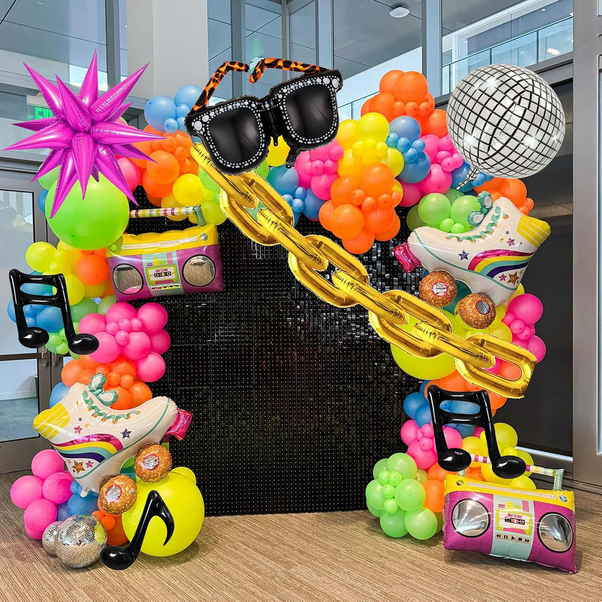 90s 80s Disco Theme Party Decorations, 171Pcs Balloon Arch Kit with Retro Disco Ball Radio Glasses