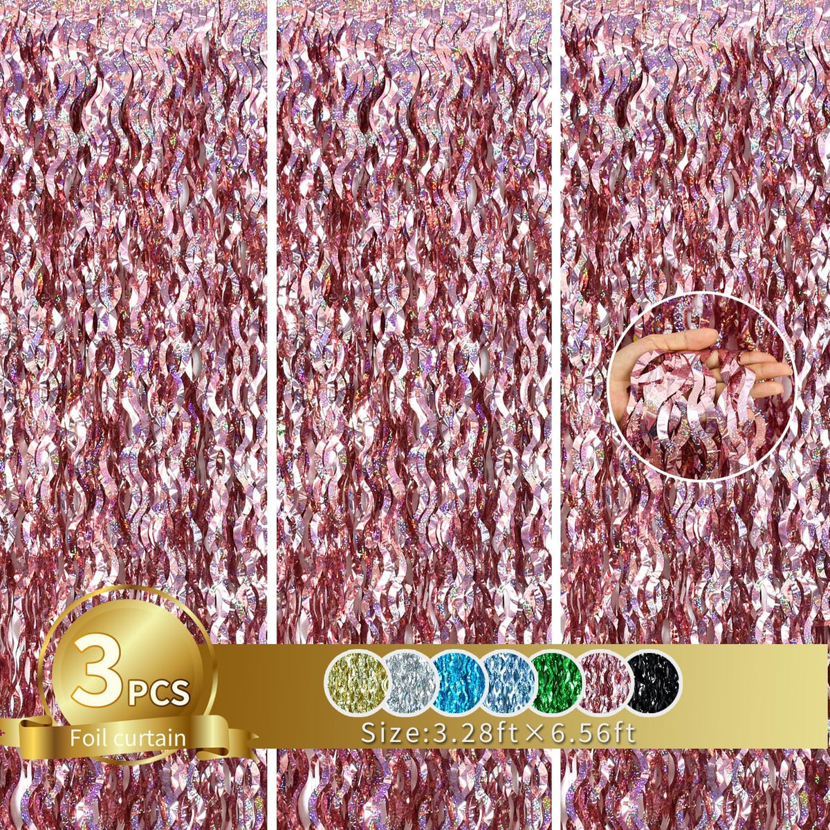 TONIFUL 3Pcs Wavy Metallic Tinsel Foil Fringe Curtains Rose Gold Streamer Backdrop for Photo Booth