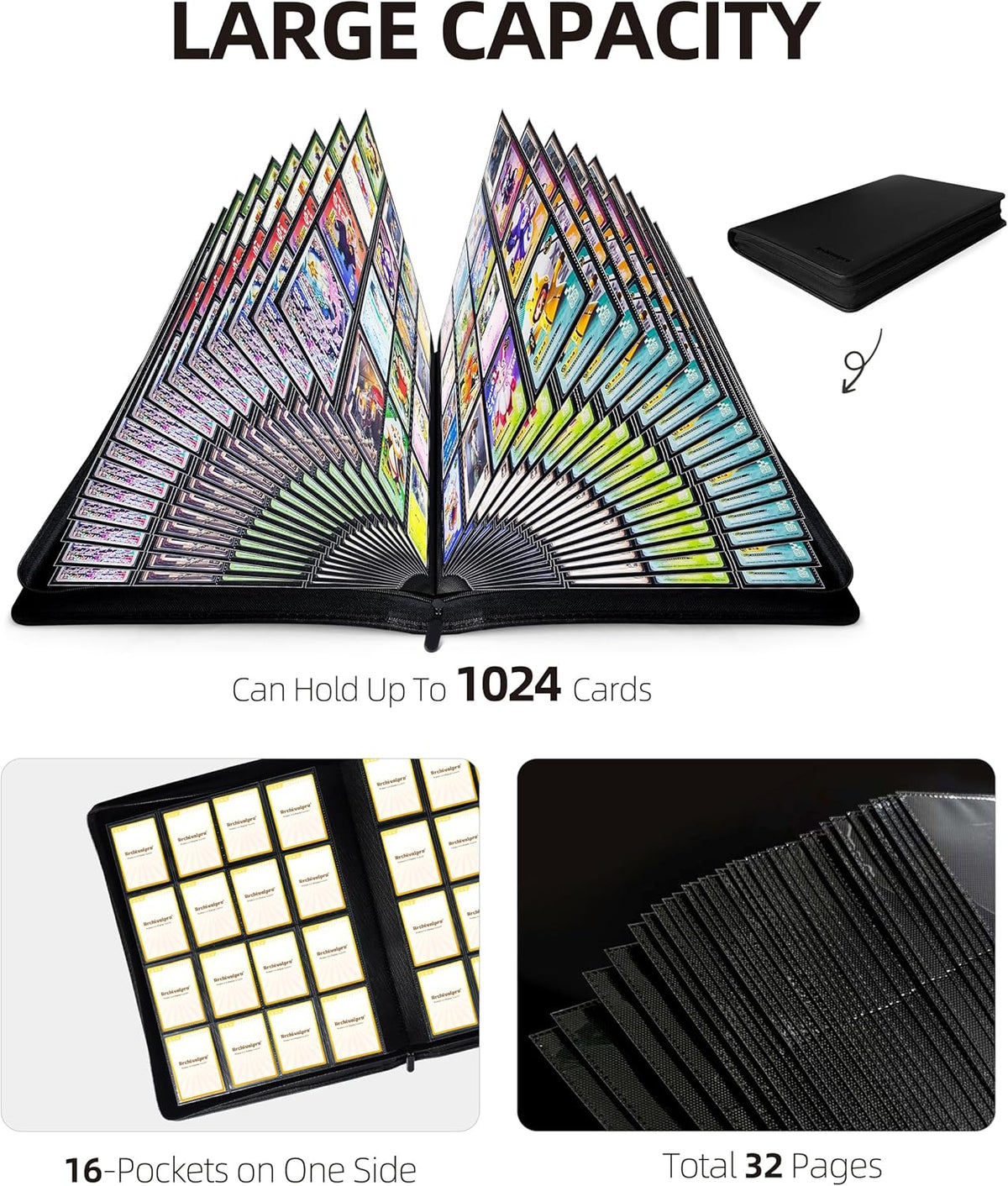 16 Pockets Premium Card Binder 1024 Cards Trading Card Binders Side Load Card Storage Display