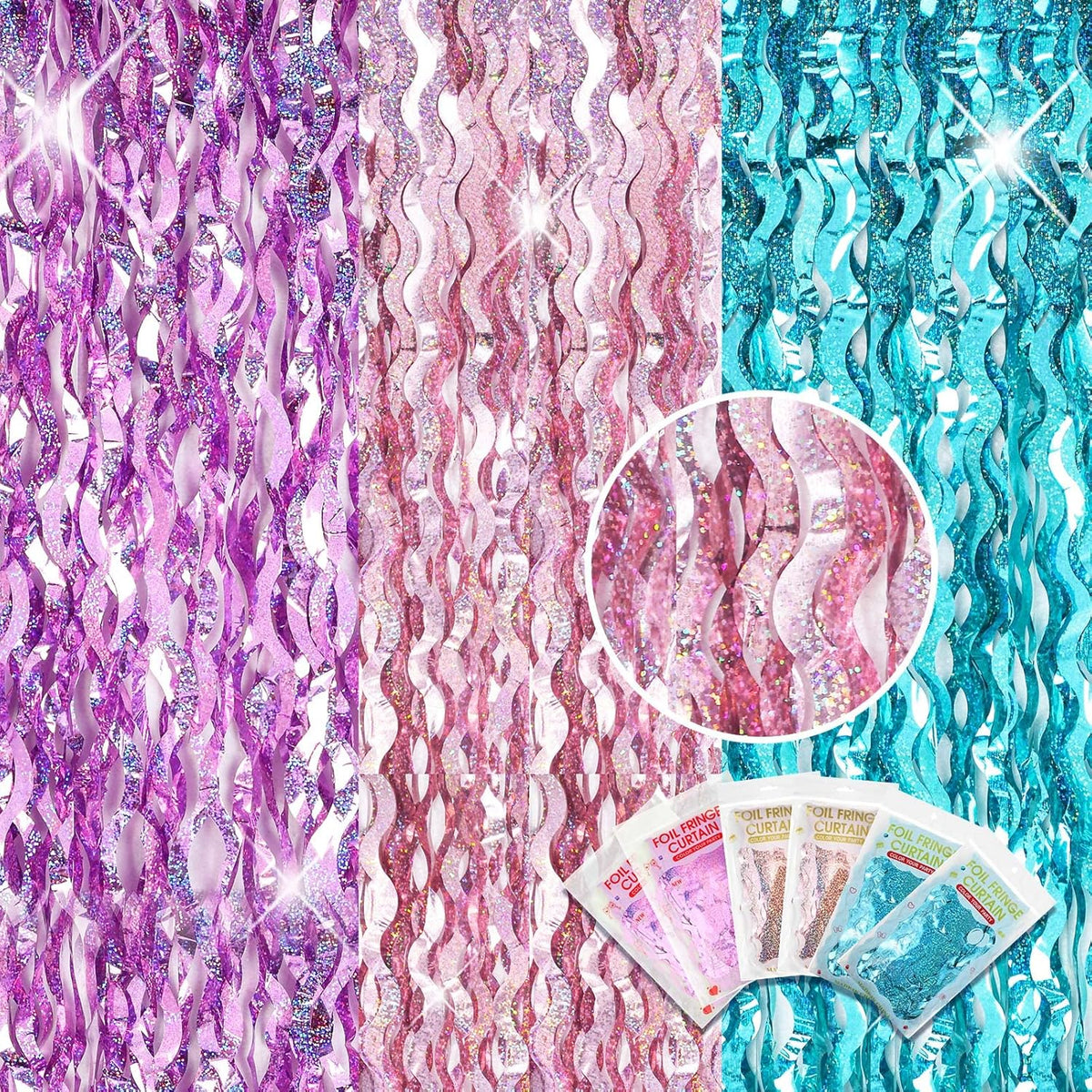 Jutom 6 Pieces 3.3 x 6.6 ft Wavy Tinsel Foil Fringe Curtains Foil Fringe Streamer Backdrop Party