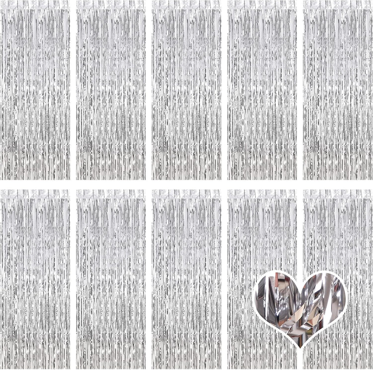 10 Pack Silver Backdrop Curtain 3.2ft x 8.2ft Metallic Tinsel Foil Fringe Curtains Photo Booth