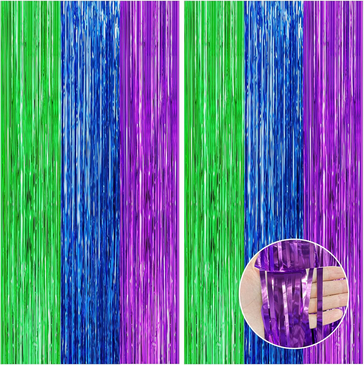CANREVEL 2 Pack 3.3x8.2 Feet Green Blue and Purple Foil Fringe Backdrop Curtains, Tinsel Streamers