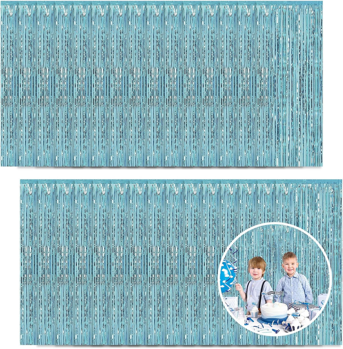 30 Pack Light Blue Foil Fringe Curtain Backdrop, 3.3x8.2 Feet Metallic Tinsel Streamer Curtains