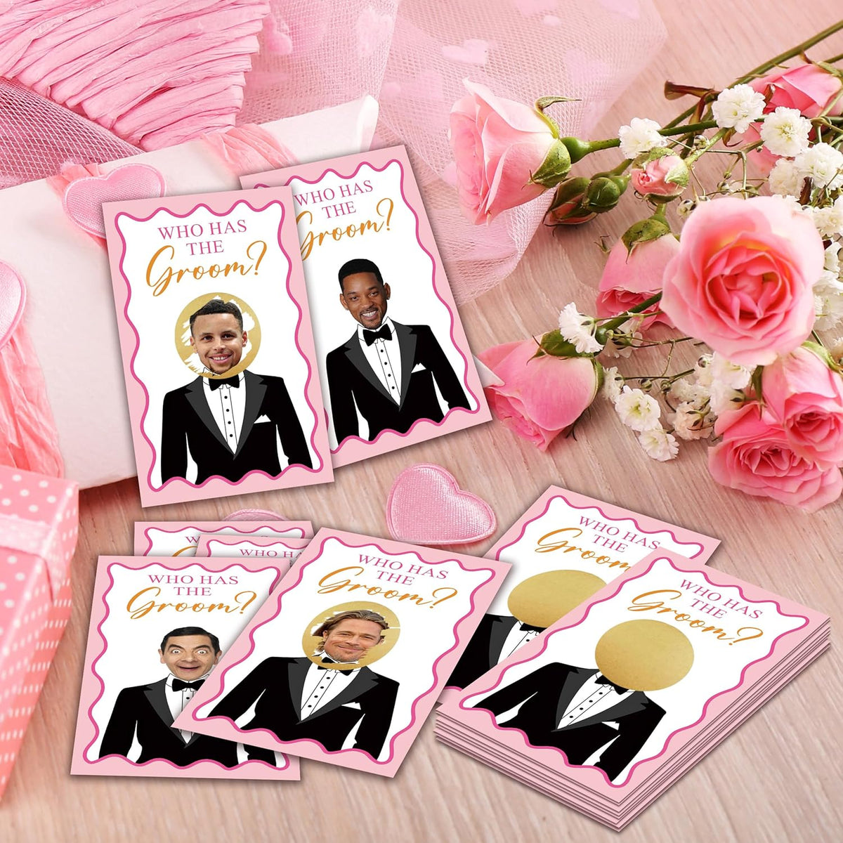 Who Has The Groom Bridal Shower Game Cards, 41Pcs Pink Wedding Shower Scratch Off Games, 3.5"x 2.1"