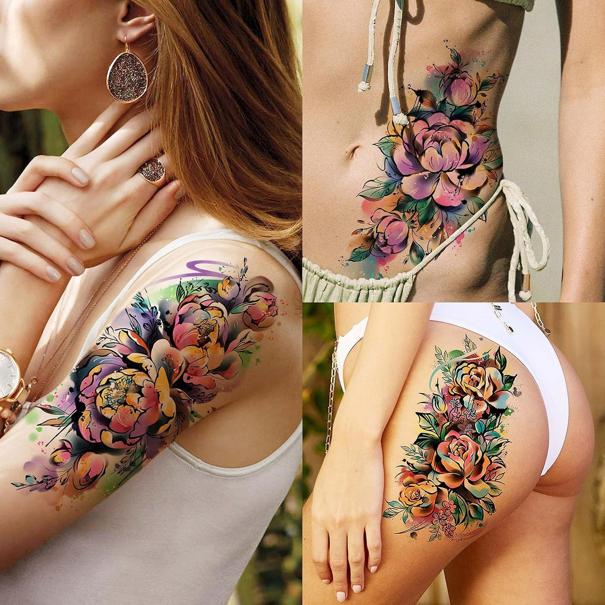 63 Sheets 3D Watercolor Rose Temporary Tattoos For Women Arm Girls Adults, Water Color Peony Flower