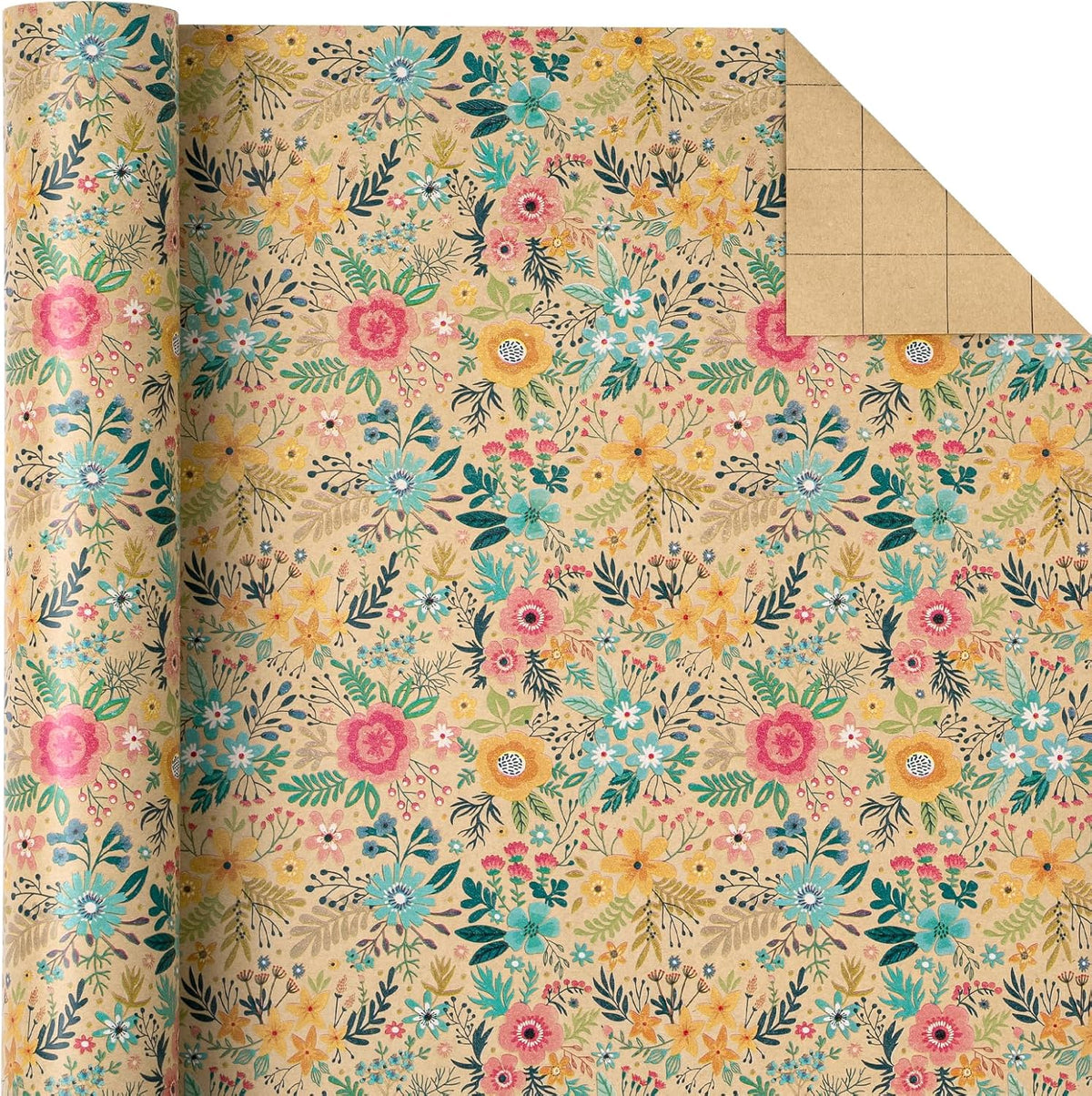 WRAPAHOLIC 30 Inch Jumbo Kraft Floral Wrapping Paper Roll - 30 Inch x 100 Feet Jumbo Roll - Spring