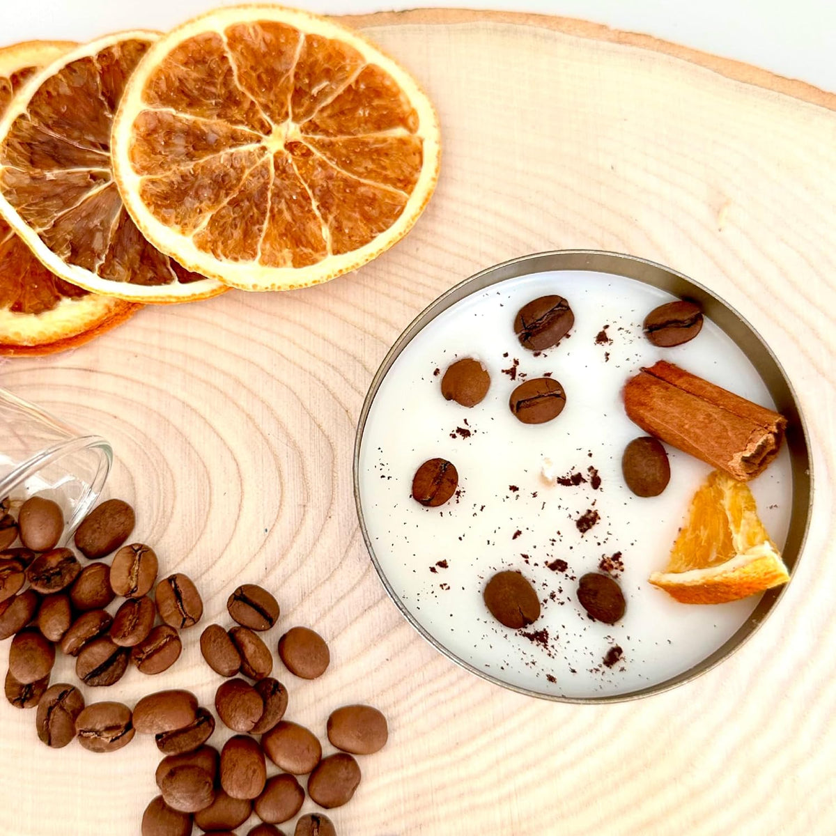 Coffee Scented Soy Wax Candle Favors with Hand-Placed Orange and Cinnamon Stick - Handmade Gift Set