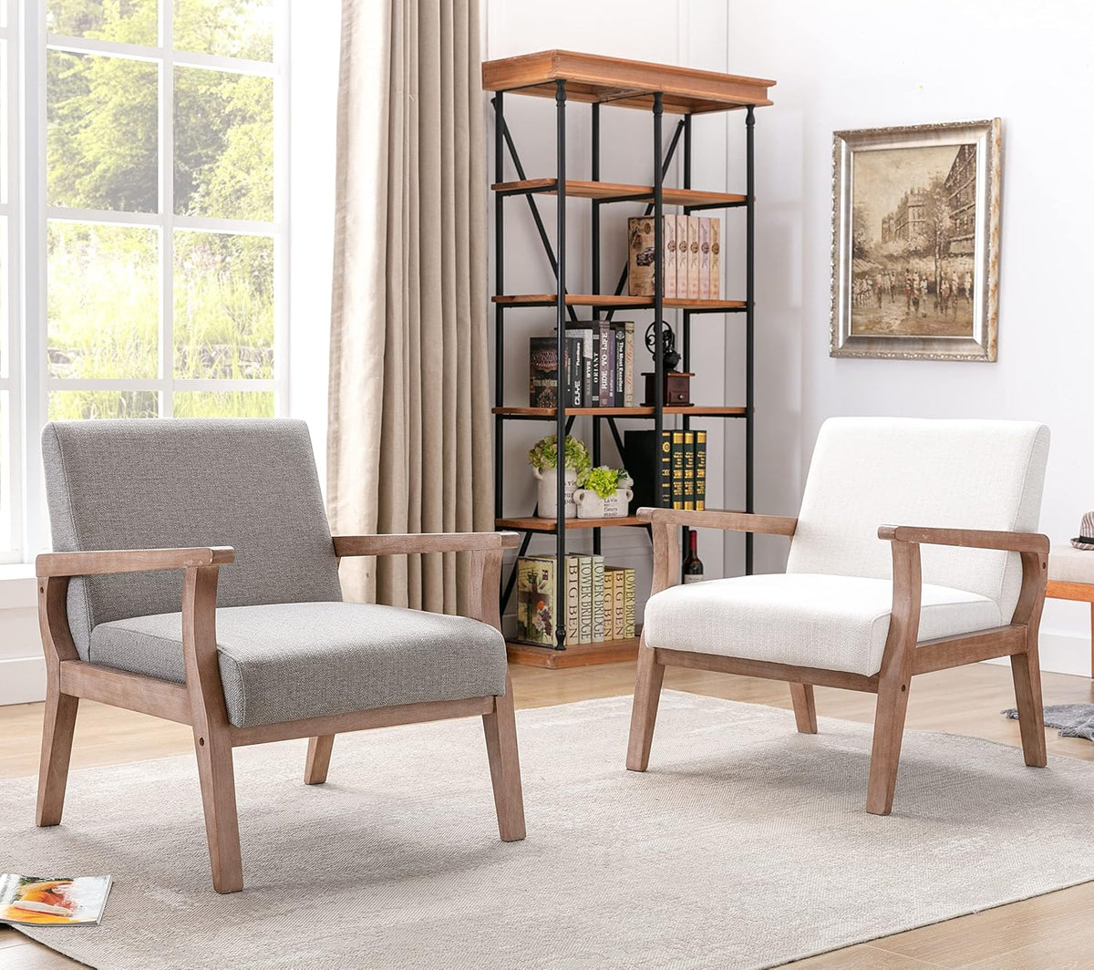 Mid Century Modern Accent Chair, Linen Upholstered Living Room Accent Armchair with Wood Frame
