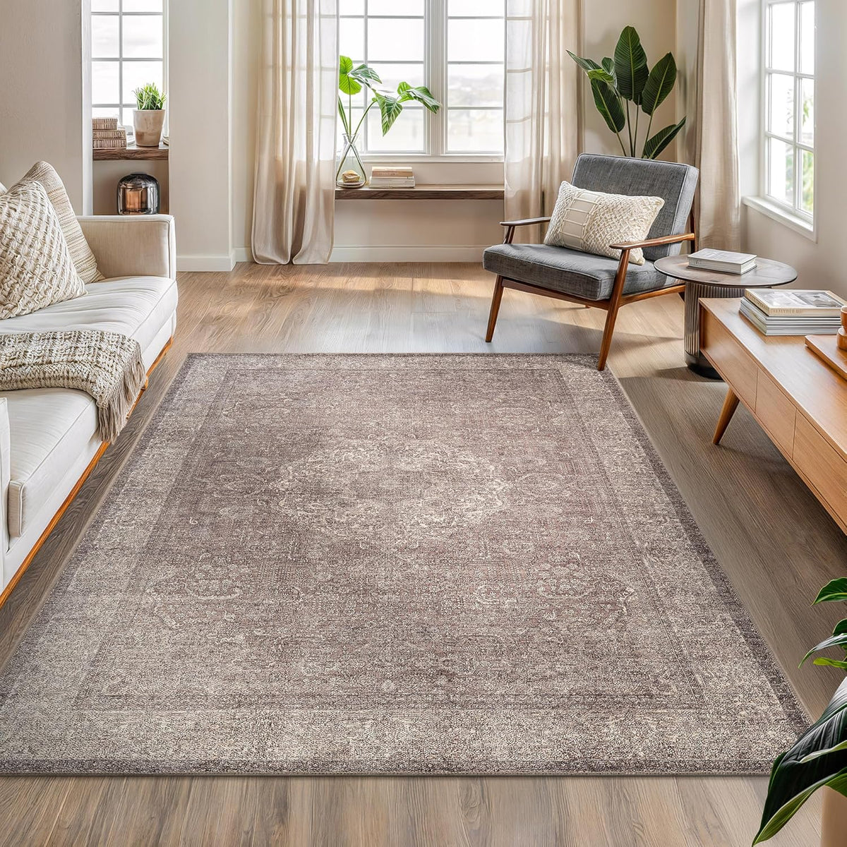 Bloom Rugs Washable Non-Slip 5' x 7' Rug - Taupe/Beige Traditional Medallion Area Rug for Living