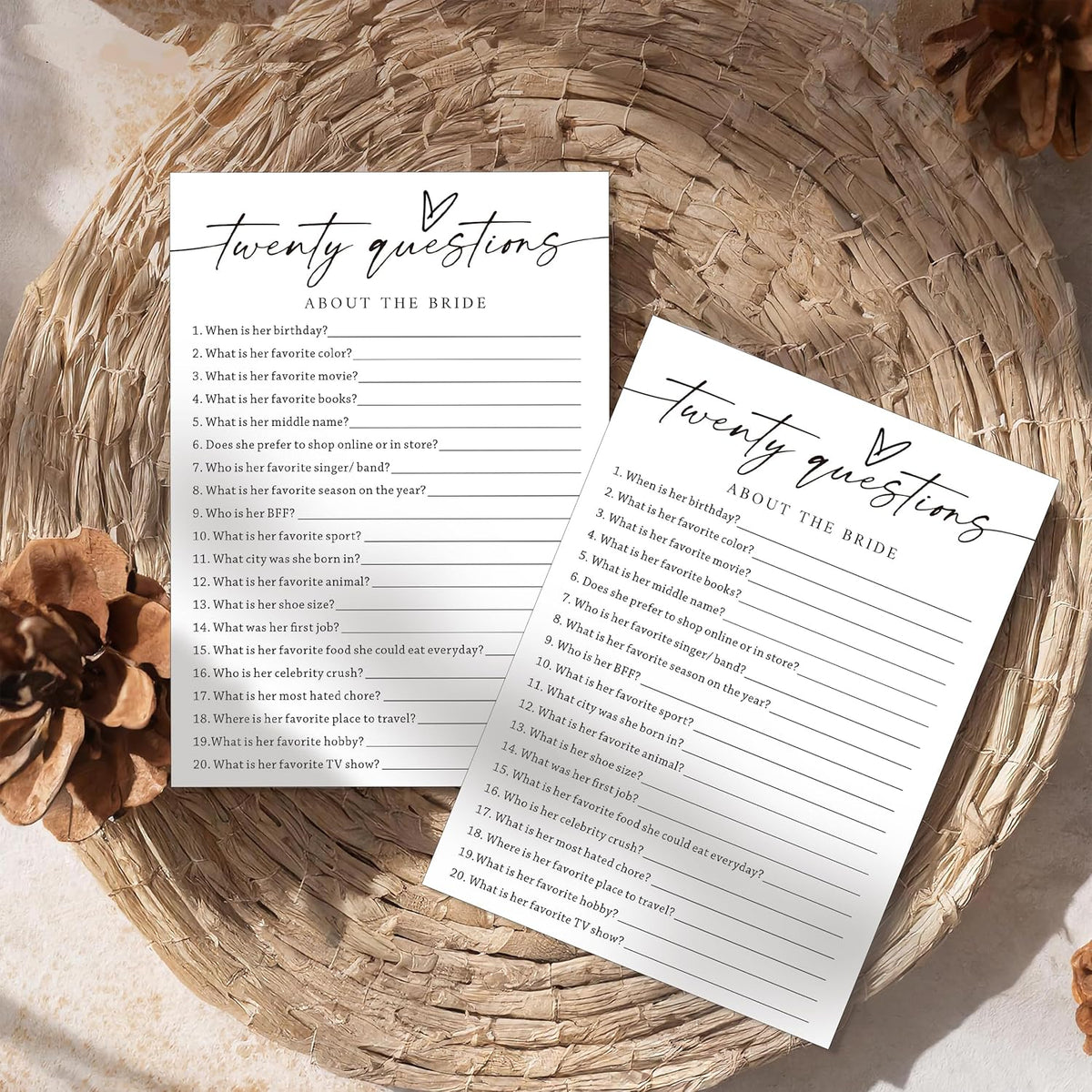 Fun Wedding Shower Games Cards, Twenty Questions About The Bride, Bridal Party Game and Favors for