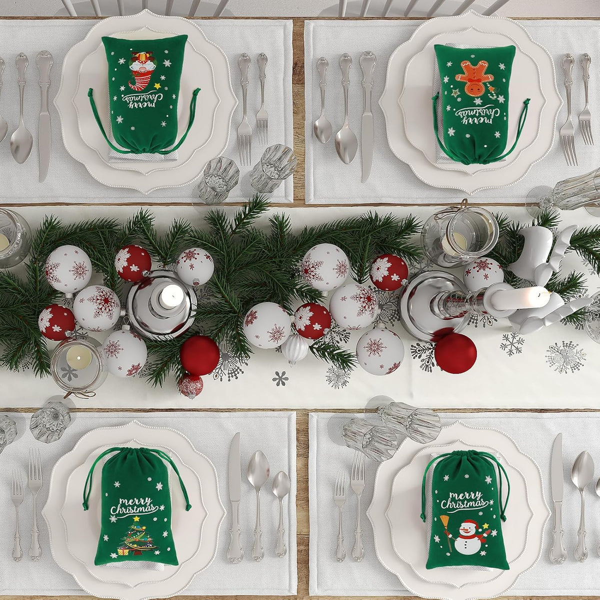 Tapleap Coth Christmas Bags with Drawstring - 50Pcs 4x6 Green Velvet for Wrapping Christmas Party