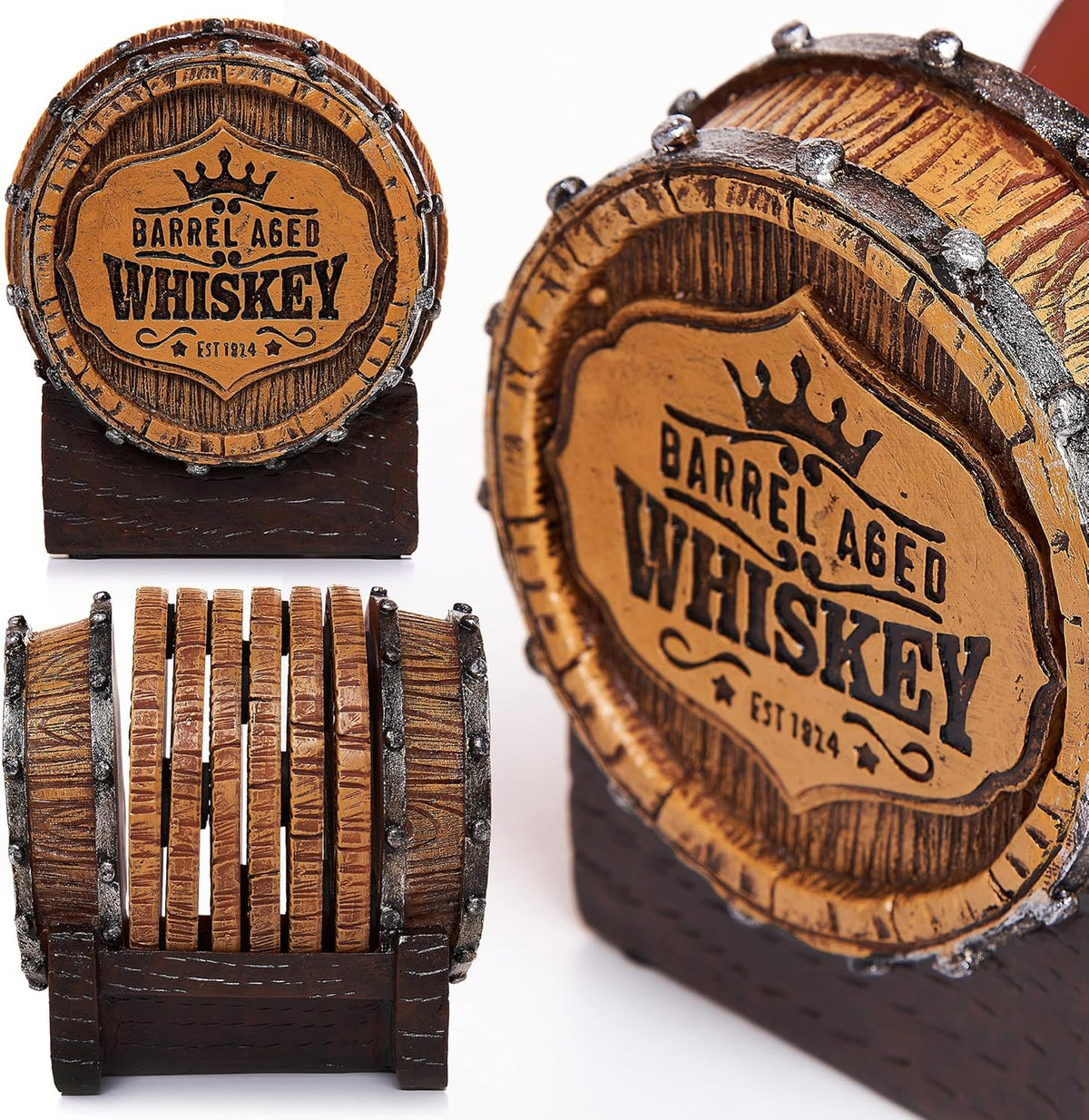 Cabin Obsession Whiskey Barrel Coaster Set – Handcrafted Whiskey Barrel Decor for Whiskey Lovers