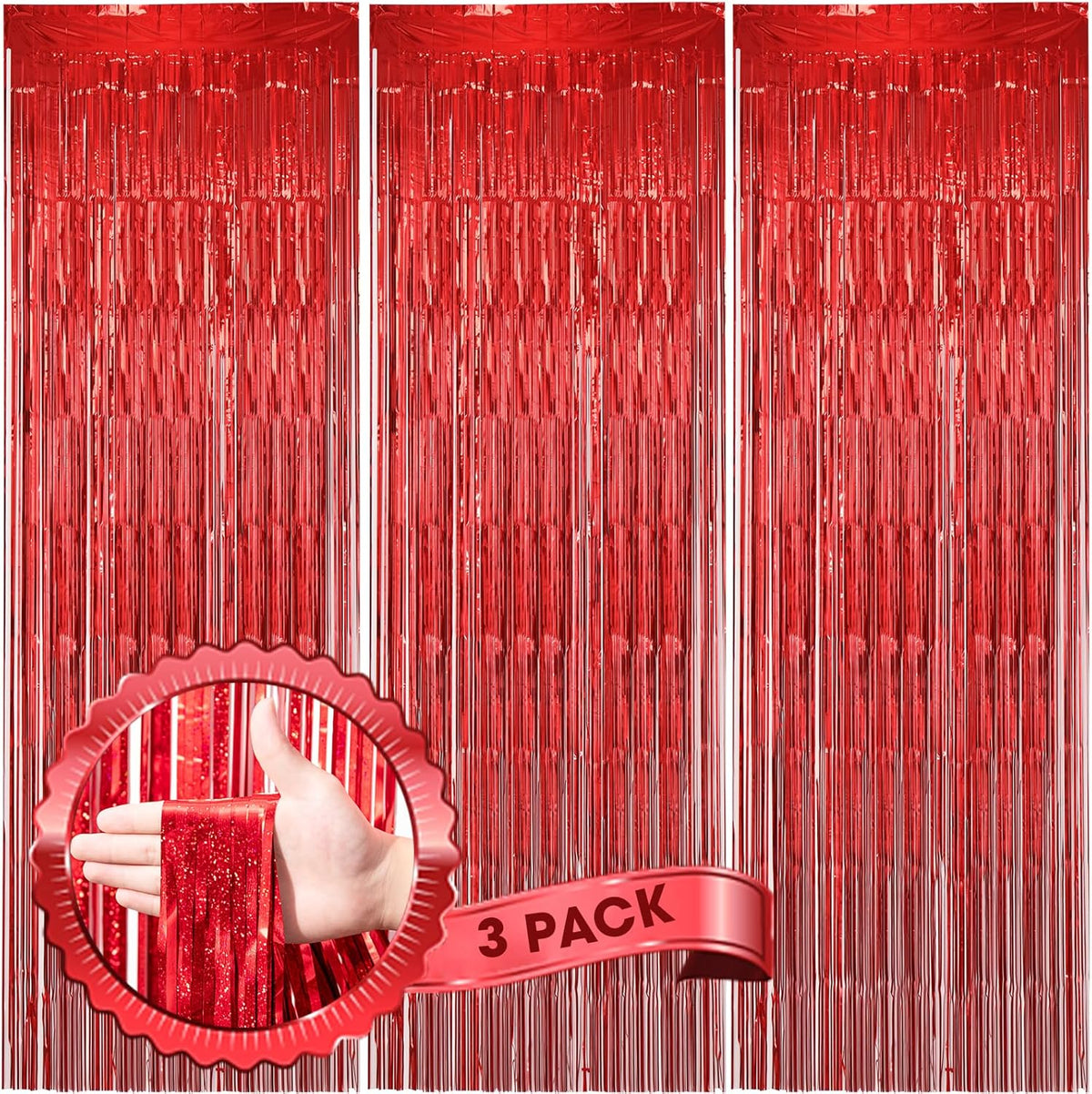 3 Pack 3.3 x 8.2 ft Laser Red Foil Fringe Backdrop Curtains, Tinsel Streamers Birthday Party