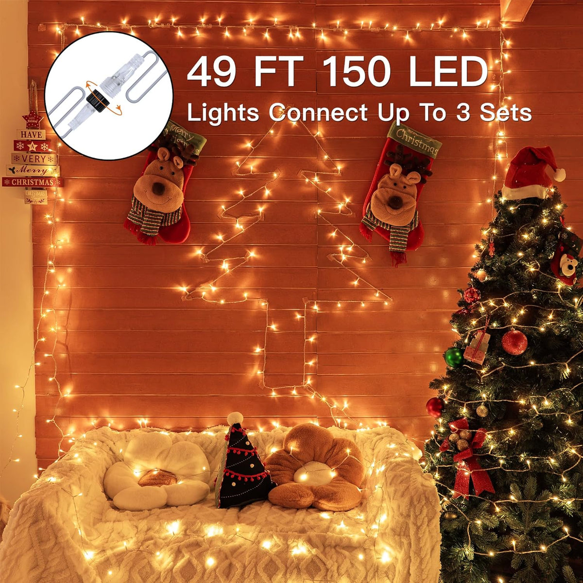 Connectable Warm White String Lights Indoor Bedroom, 8 Modes Christmas String Light Plug in
