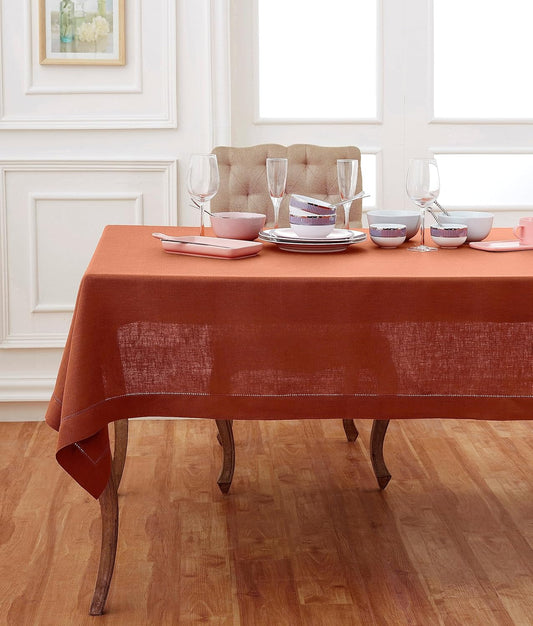 Solino Home Linen Cinnamon Tablecloth 60 x 144 Inch - Classic Hemstitch, 100% Pure Linen