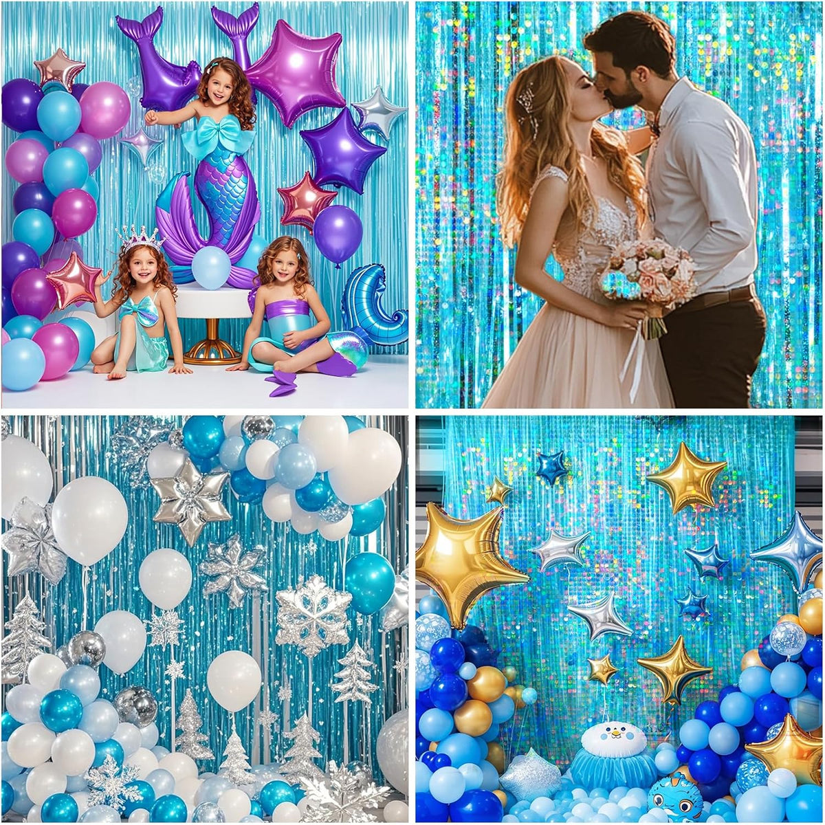 4 Packs Blue Foil Fringe Curtain, Light Blue Glitter Metallic Tinsel Backdrop for Birthday