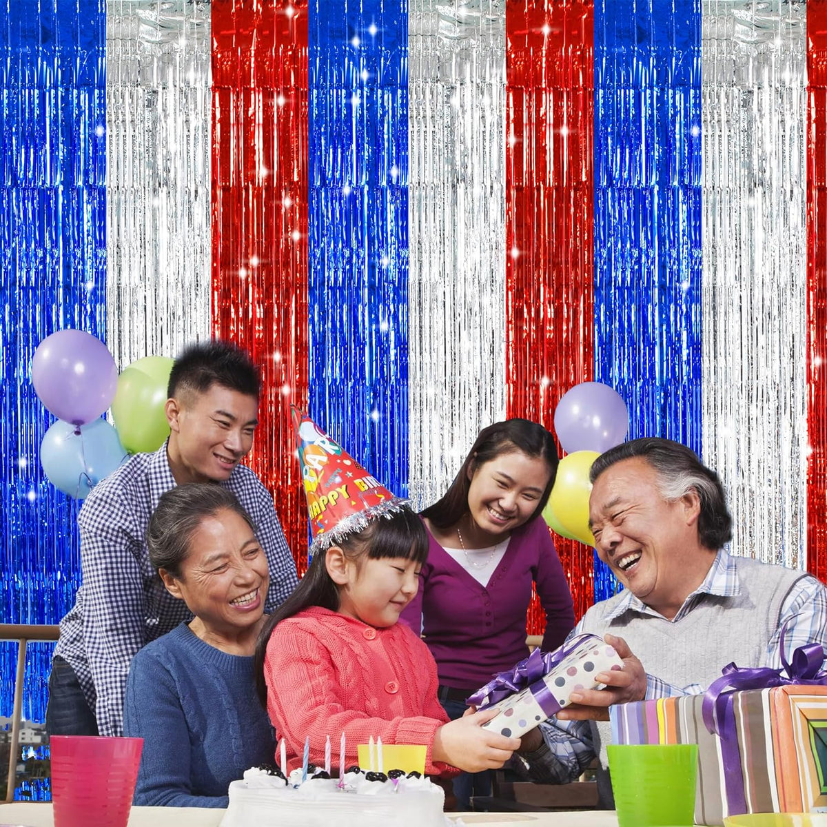 TONIFUL Red White and Blue Tinsel Foil Fringe Curtains,4th of July Decorations Independence Day