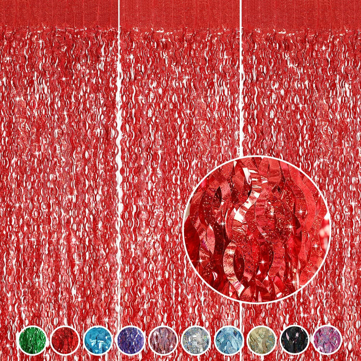 3 Pack Red Backdrop Curtain - CYLMFC 3.3 ft x 6.6 ft Foil Backdrop Curtain Streamers Birthday