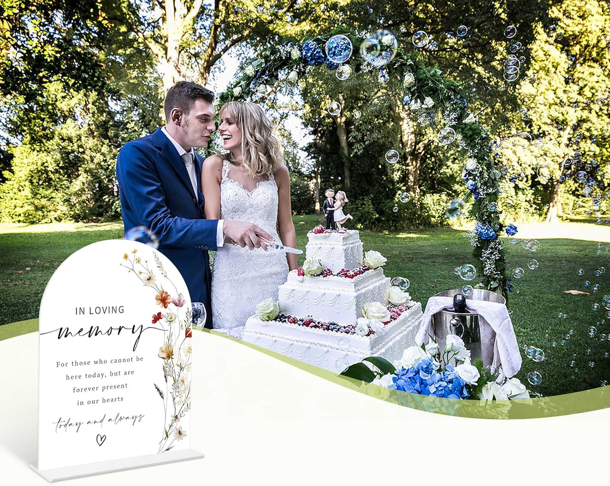 Boho Floral In Loving Memory Sign, 6 x 8 Inch White Arch Acrylic Wedding Sign with Holder, Wedding