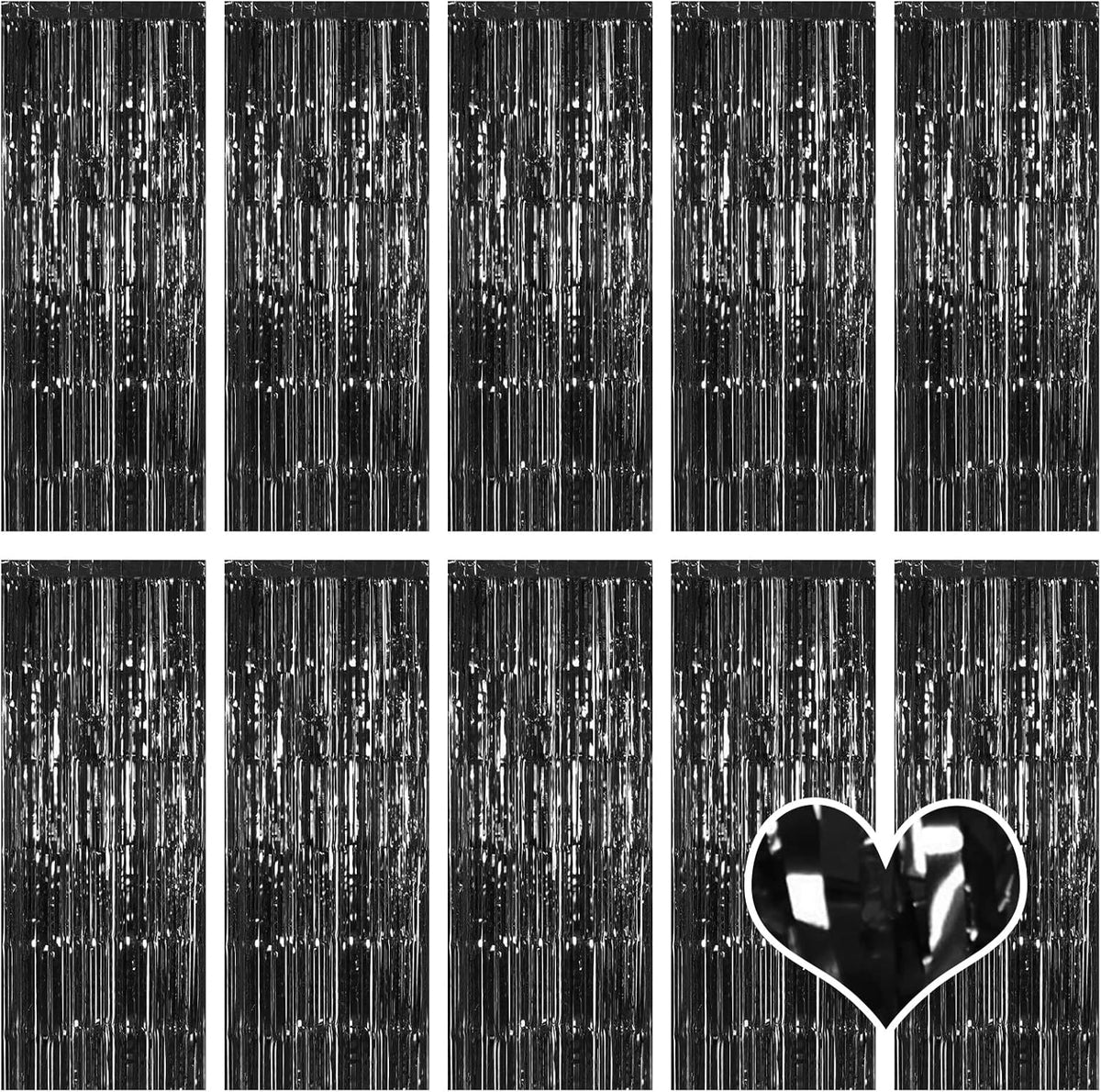 10 Pack Black Backdrop Curtain 3.2ft x 8.2ft Metallic Tinsel Foil Fringe Curtains Photo Booth