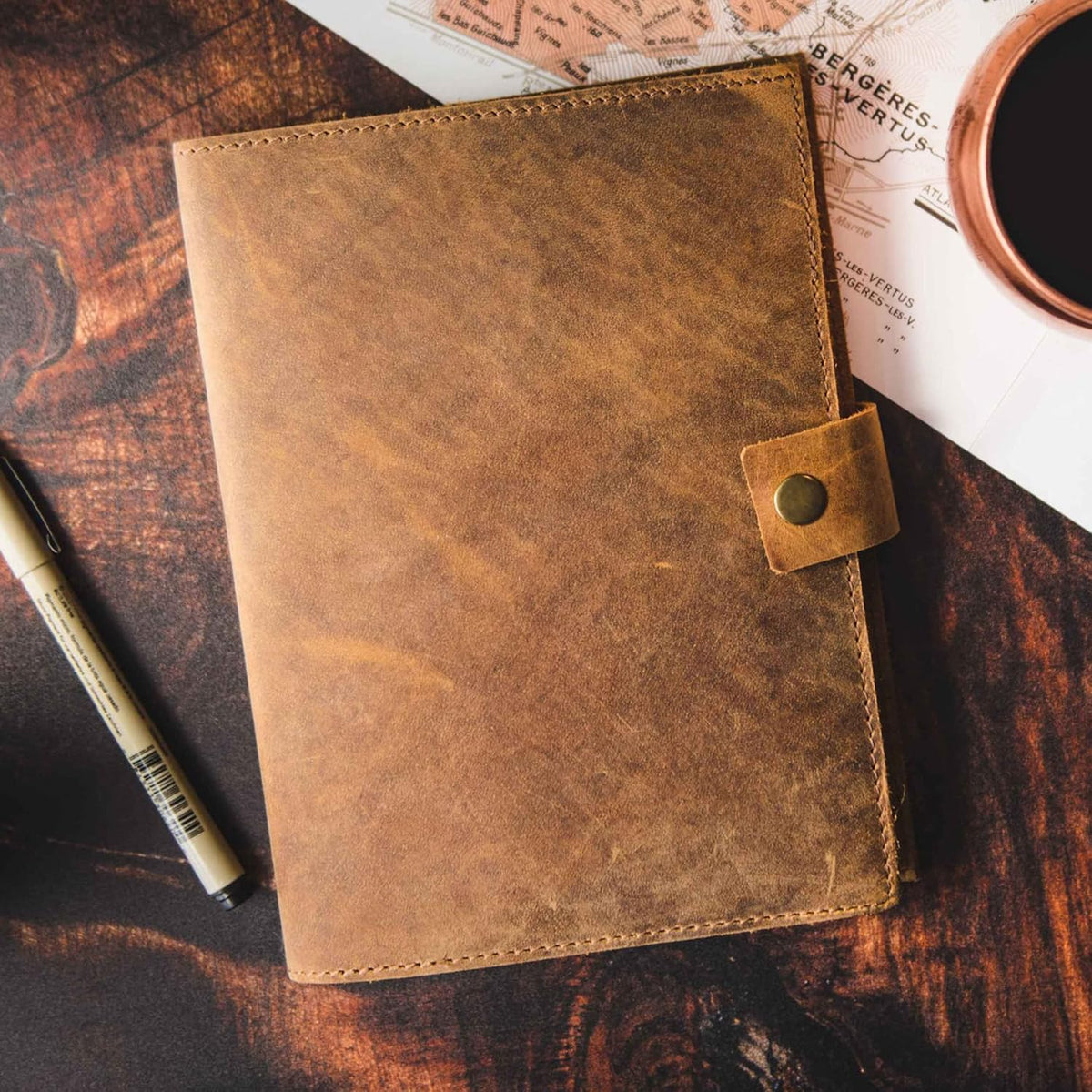 Refillable Leather Journal | Premium Lined A5 Notebook Cover | 200 Ruled Writing Pages | Card