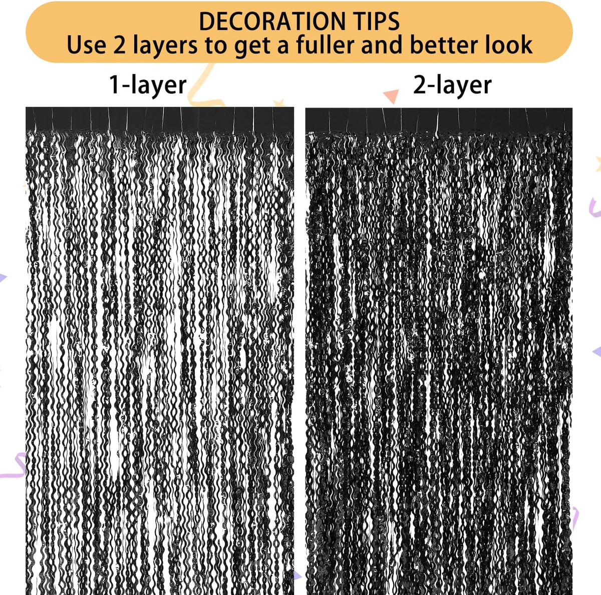 3 Pack New Years Decorations Wavy Black Tinsel Foil Fringe Curtains Party Backdrop 3.3 x 6.6 ft