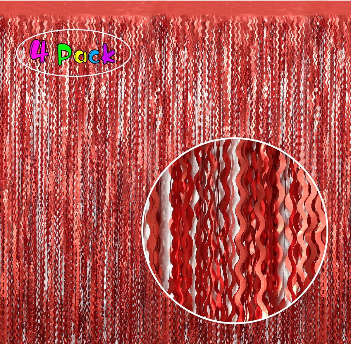 4 Pack Red Streamers Party Decorations - 3.3x6.6ft Foil Curtain Background for Birthday Decorations