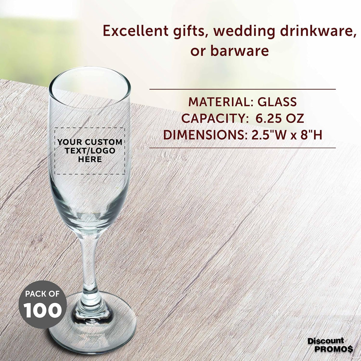 DISCOUNT PROMOS Custom Premiere Champagne Flutes 6.25 oz. Set of 100, Personalized Bulk Pack