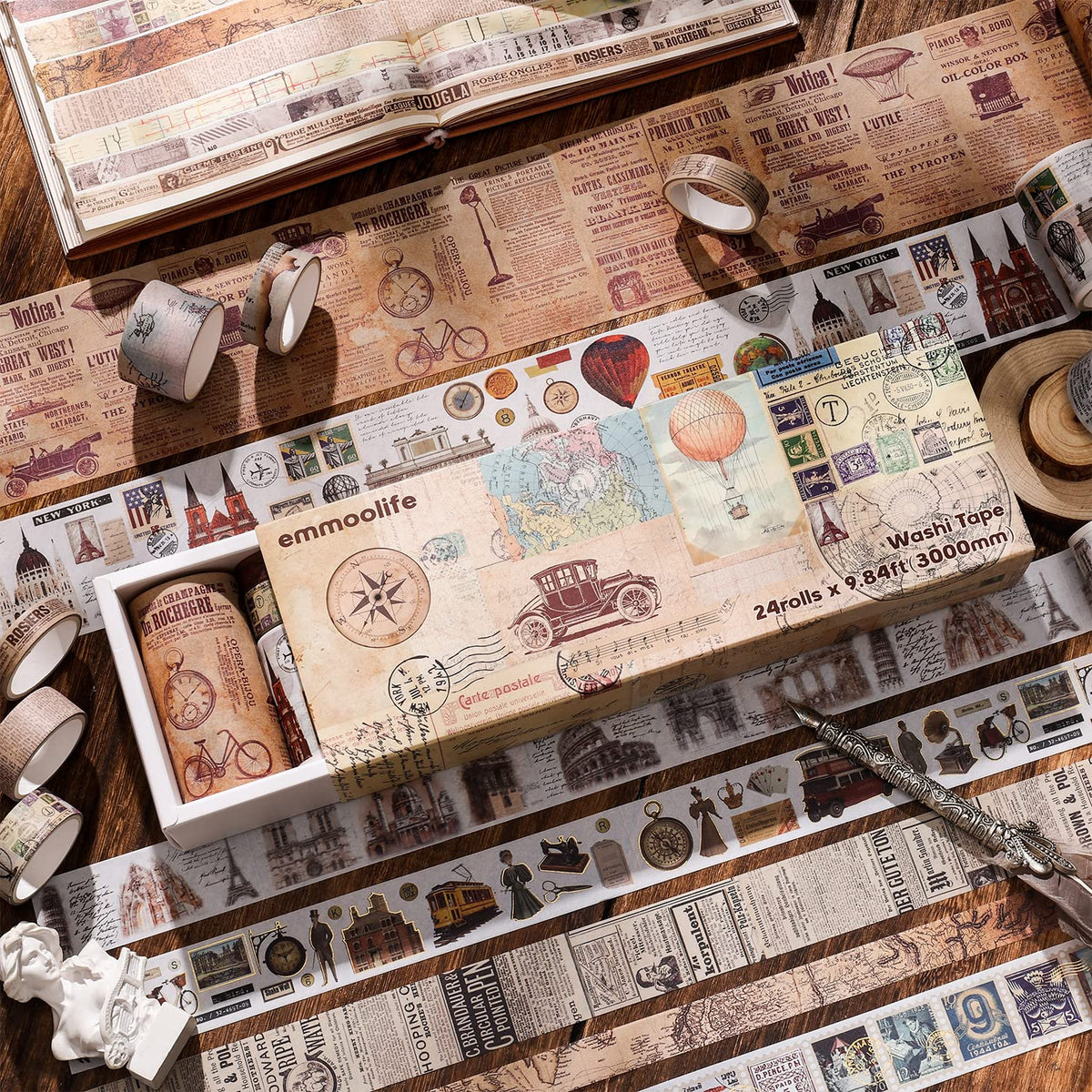 24 Rolls Vintage Washi Tape Set, Antique Car Buildings Map Stamp Stripe Writable Aesthetic Washy