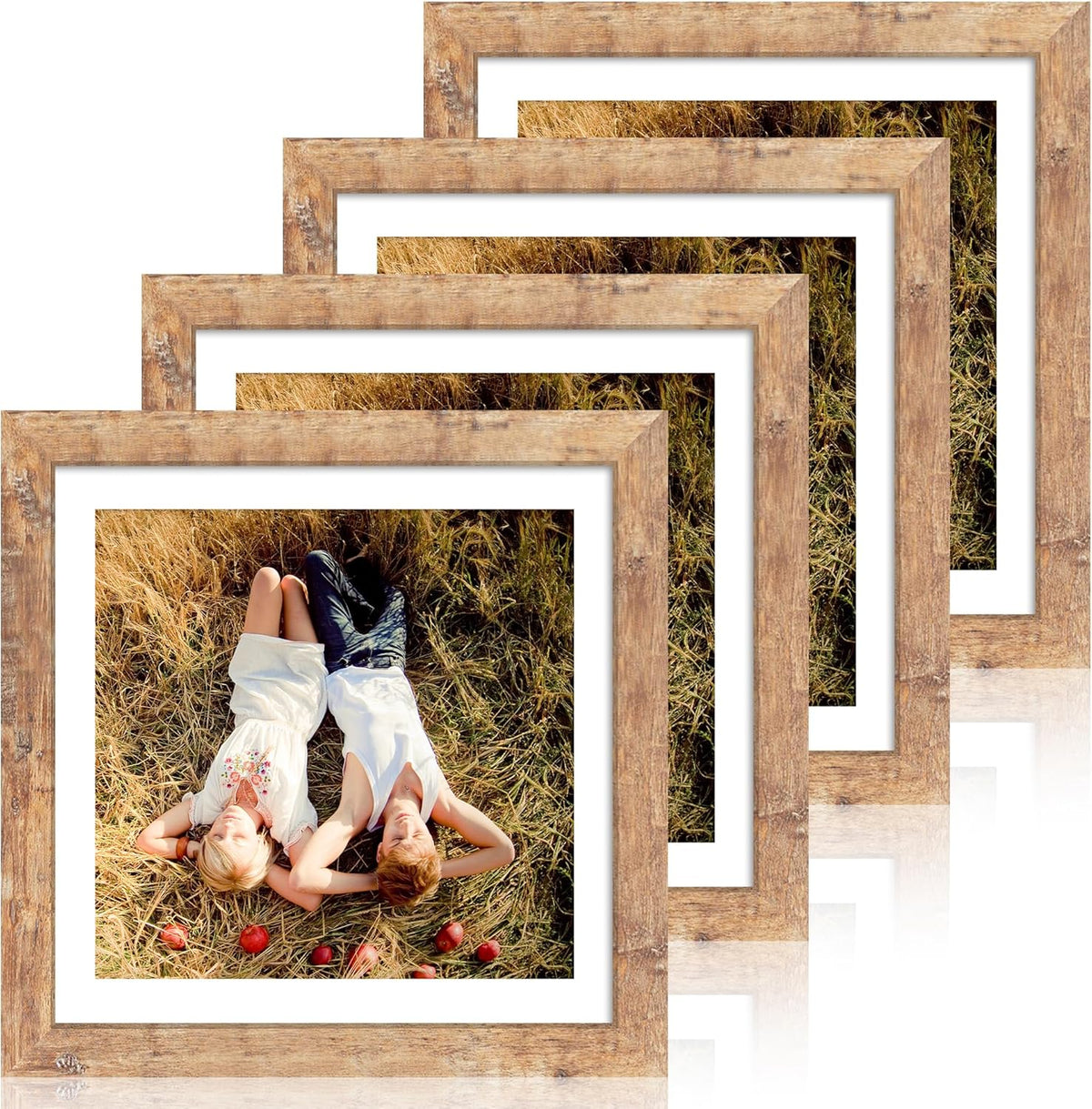 12x12 Picture Frame Set of 4 with Tempered Glass, Rustic Brown Frame Display 10x10 Pictures with