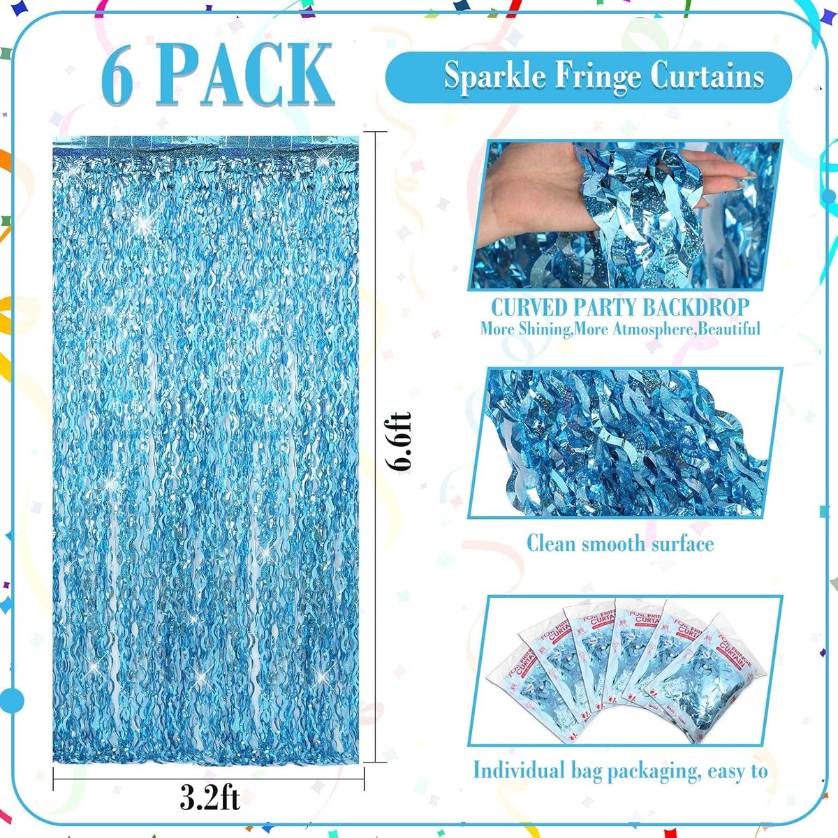 Jutom 6 Pieces 3.3 x 6.6 ft Wavy Tinsel Foil Fringe Curtains Foil Fringe Streamer Backdrop Party