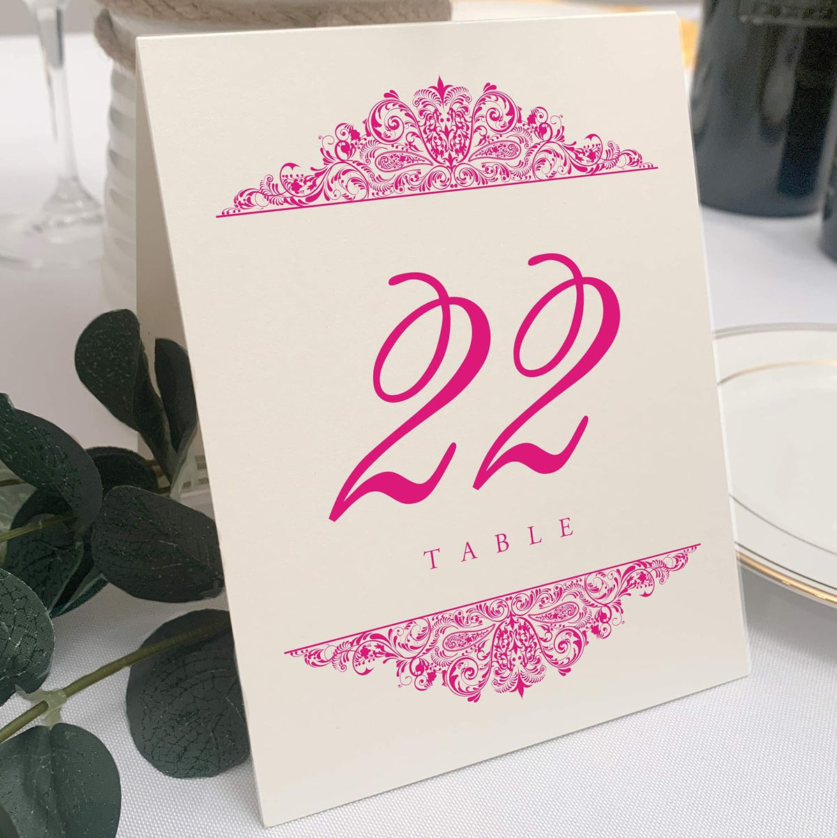 Paisley Wedding Table Numbers (Select Color/Quantity), Champagne, Fuschia, 1-50, Double Sided, Tent