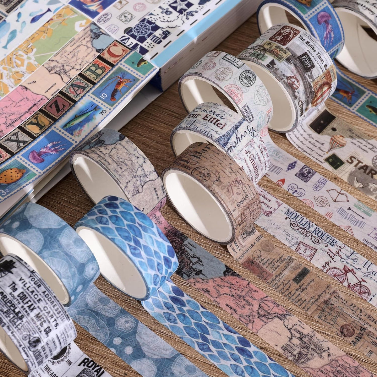 38 Rolls Vintage Washi Tape Set, Vintage Travel Stamp Map Scenery Art Letter Writable Decorative
