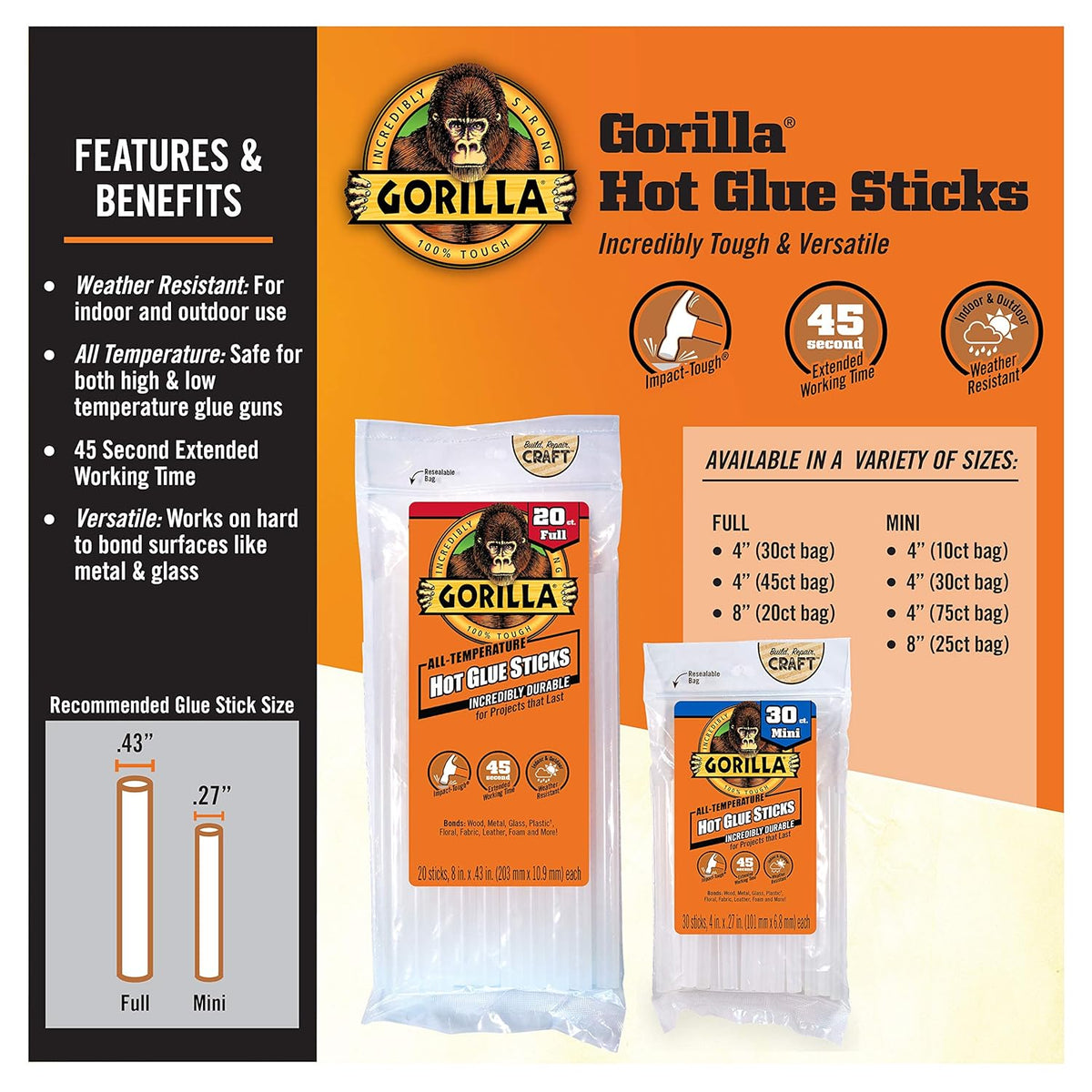 Gorilla Hot Glue Sticks, Clear Glue, Mini Size 4" Long x 0.27" Diameter, 30 Count (Pack of 12)