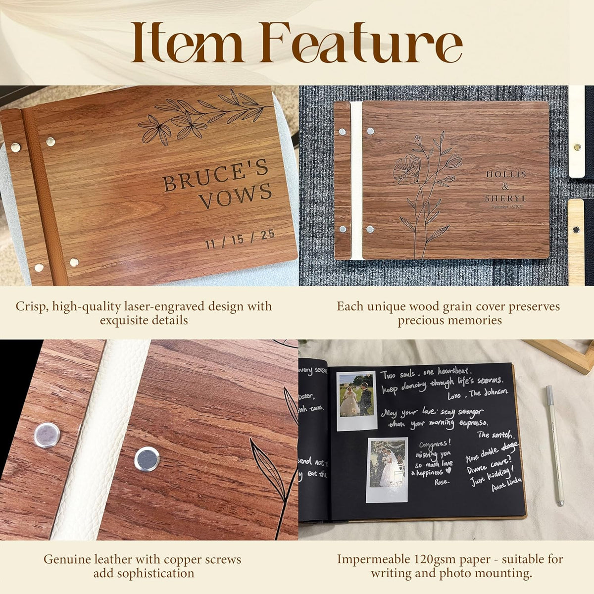 Customized Wooden Guest Book for Weddings, Funerals & Events - Personalized Keepsake Memory Book
