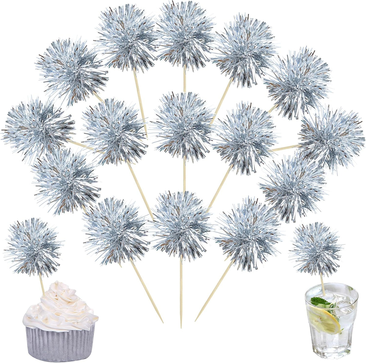 Ephlyn 30Pcs Foil Firework Cupcake Toppers Sparkle Tinsel Cupcake Picks Happy Birthday Cake Toppers