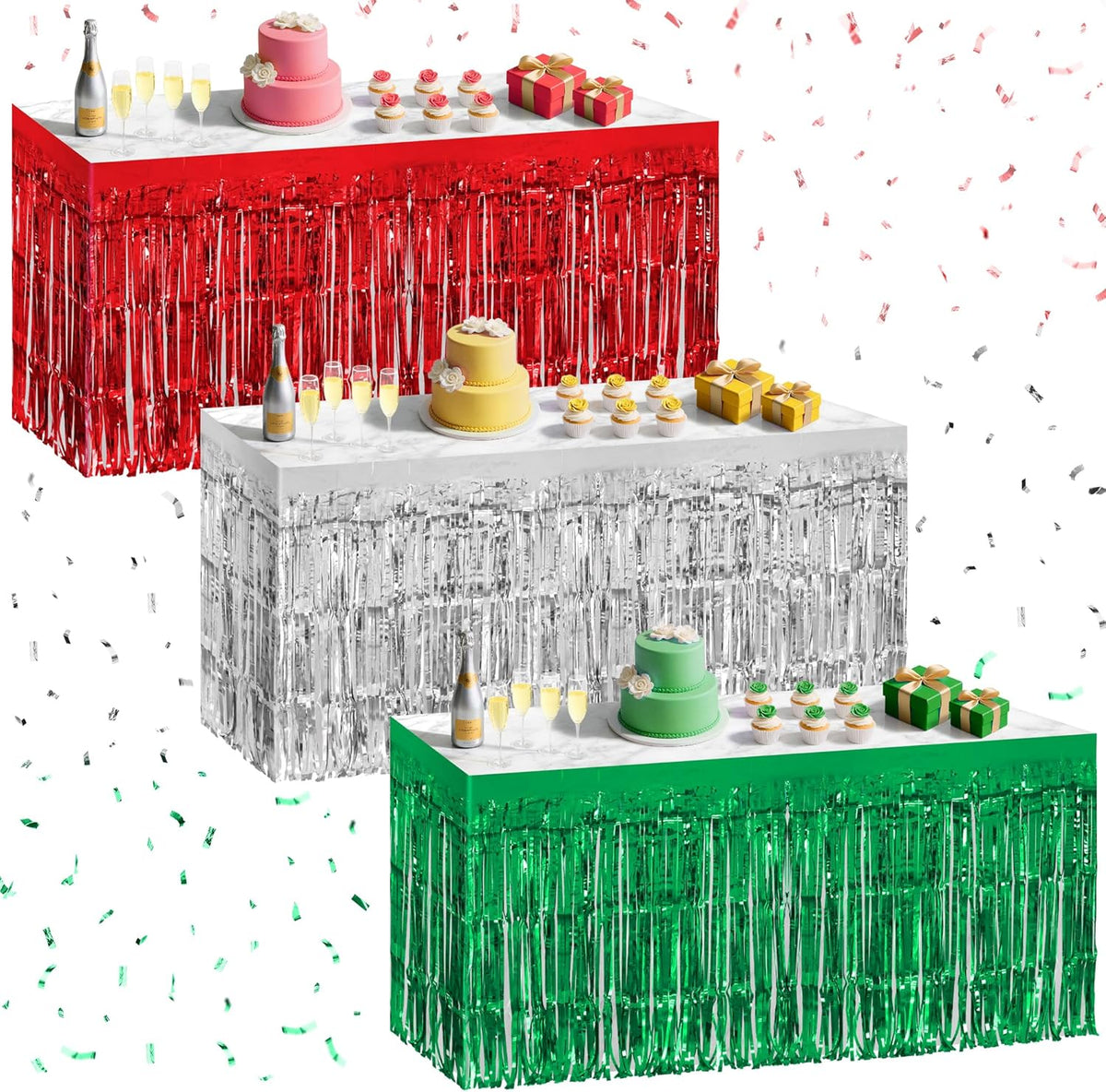 3 Pack Red Green Silver Table Skirts, 29x108" Metallic Foil Tinsel Fringe Table Skirt for Rectangle