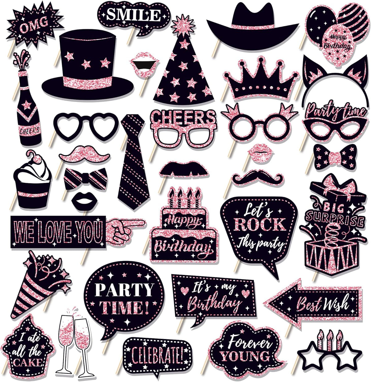 36 PCS Birthday Photo Booth Props Party Supplies Holiday Picture Decorations Photo Booth Props for