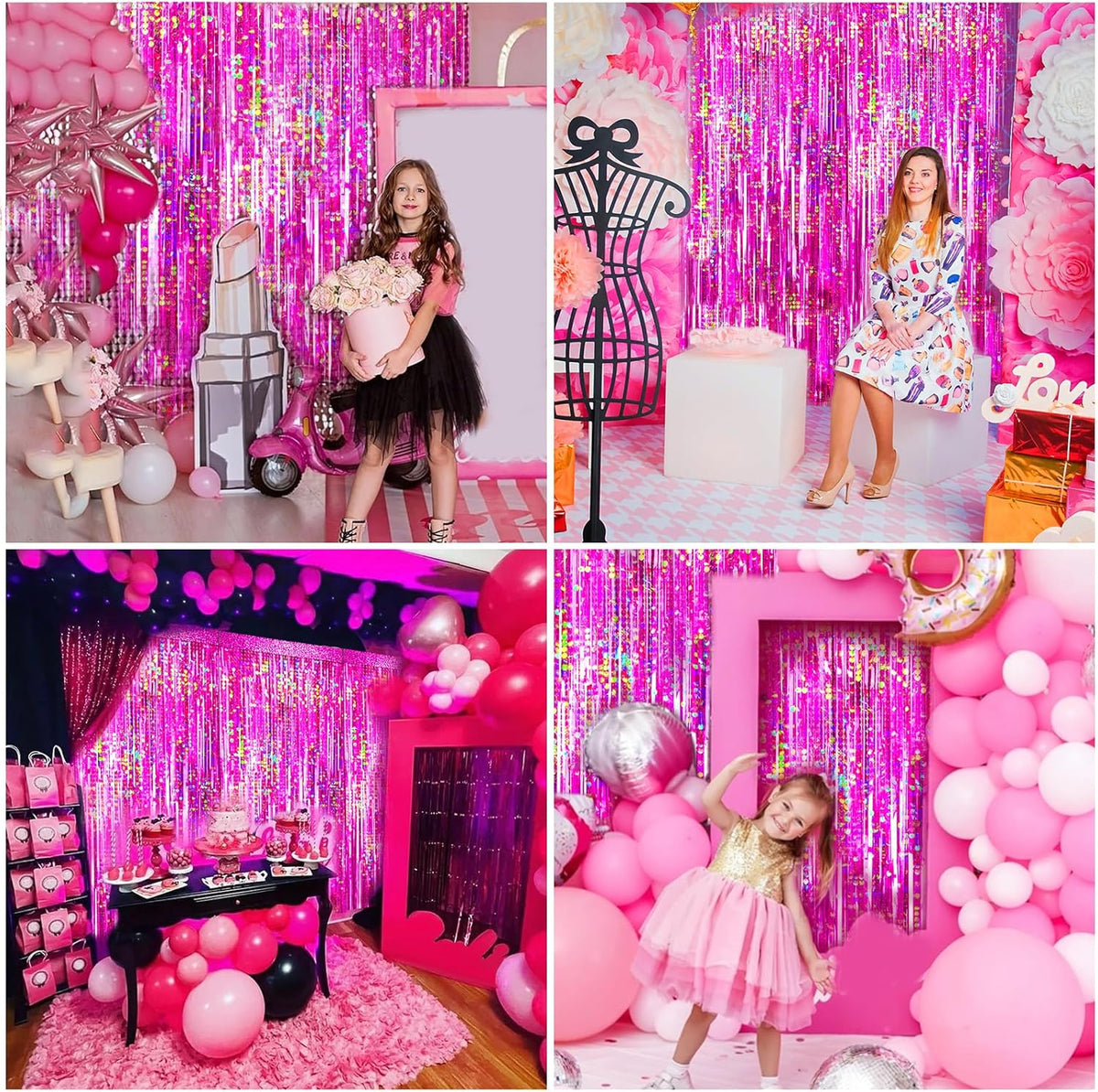 4 Packs Hot Pink Foil Fringe Curtain, Pink Glitter Metallic Tinsel Backdrop for Birthday, Wedding