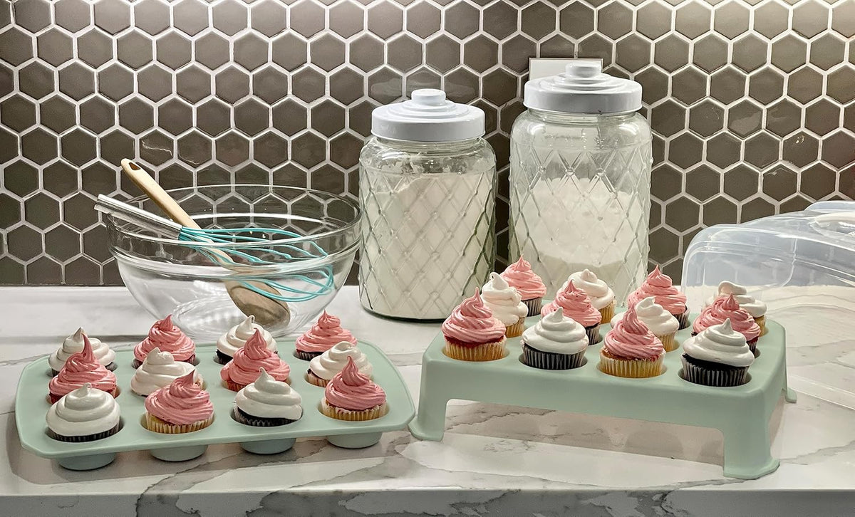 Cupcake Carrier, EXTRA TALL LID, Green Cupcake Holder Carries 24 Standard-Size Cupcakes, Muffin