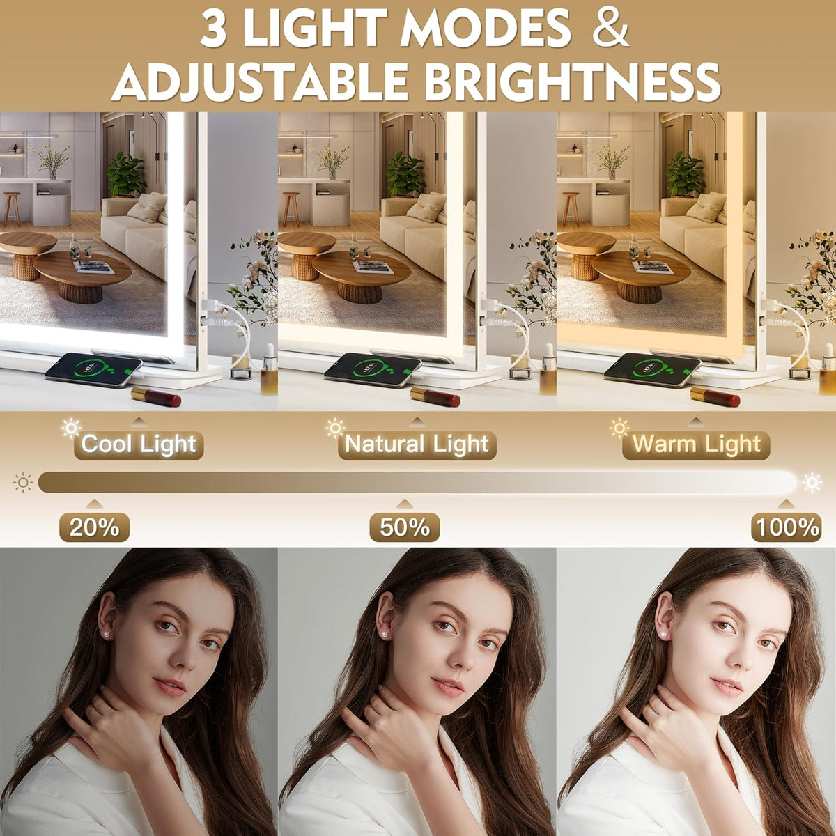 Vanity Mirror with Lights, 32" x 22" Large Lighted Vanity Mirror with Dimmable 3 Modes, LED Makeup